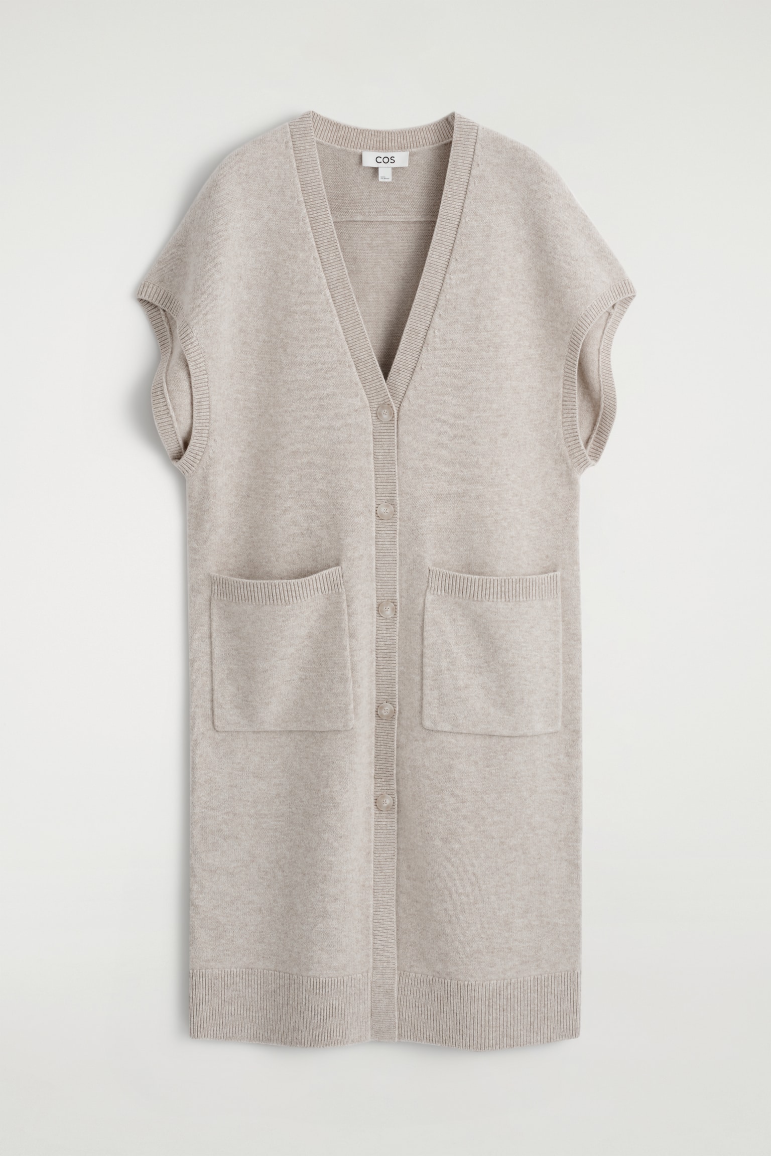 Lang, rundstrikket cardigan i uld - MELERET BEIGE - 2