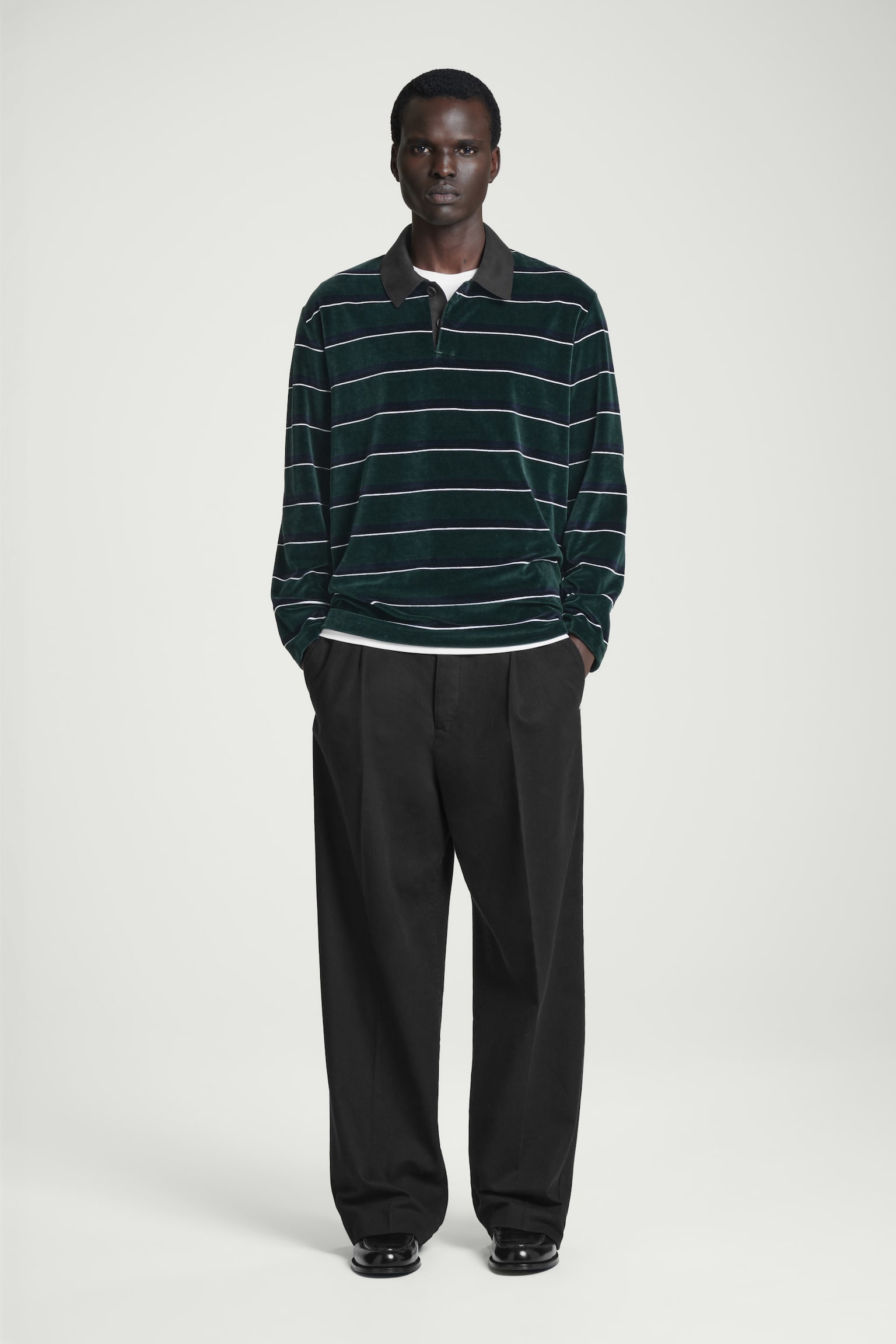 STRIPED VELVET LONG-SLEEVED POLO SHIRT - EMERALD / STRIPED - 4