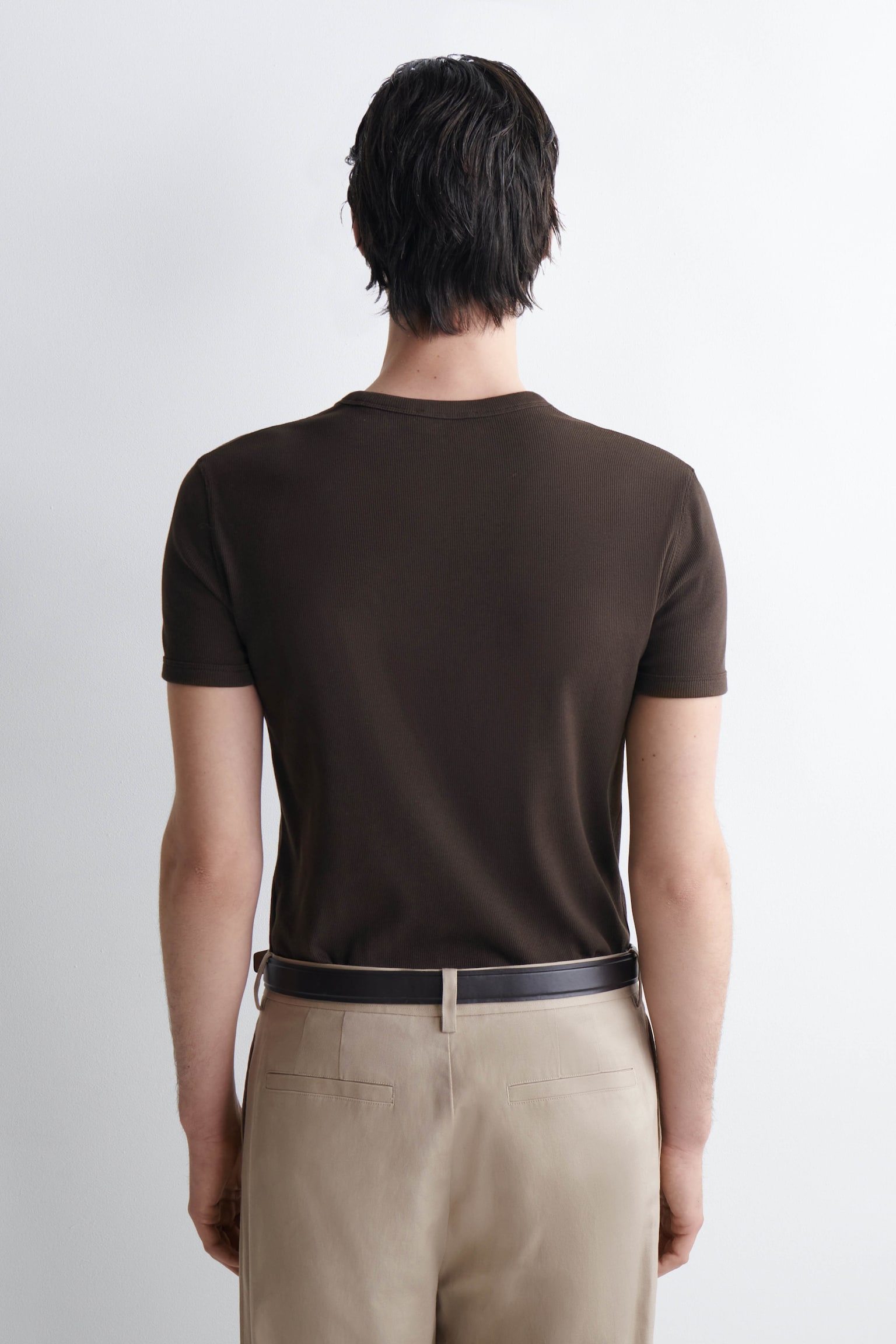 Тениска от рипс памук с тесен силует - КАФЯВО/ТЪМНО КАКИ/КАКИ - 3