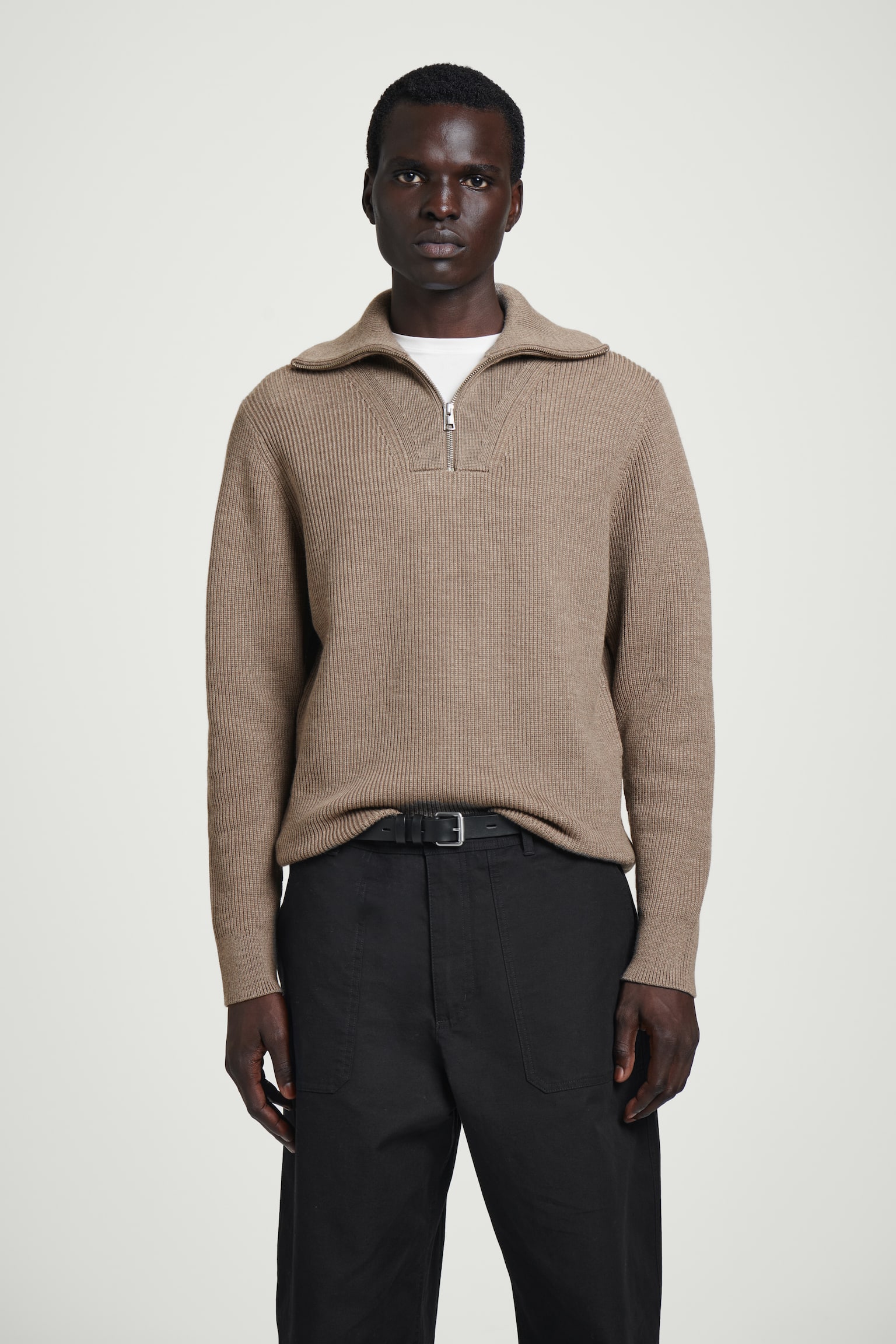 MERINO WOOL HALF-ZIP JUMPER - BEIGE/BLACK / CREAM / STRIPED/DARK GREY