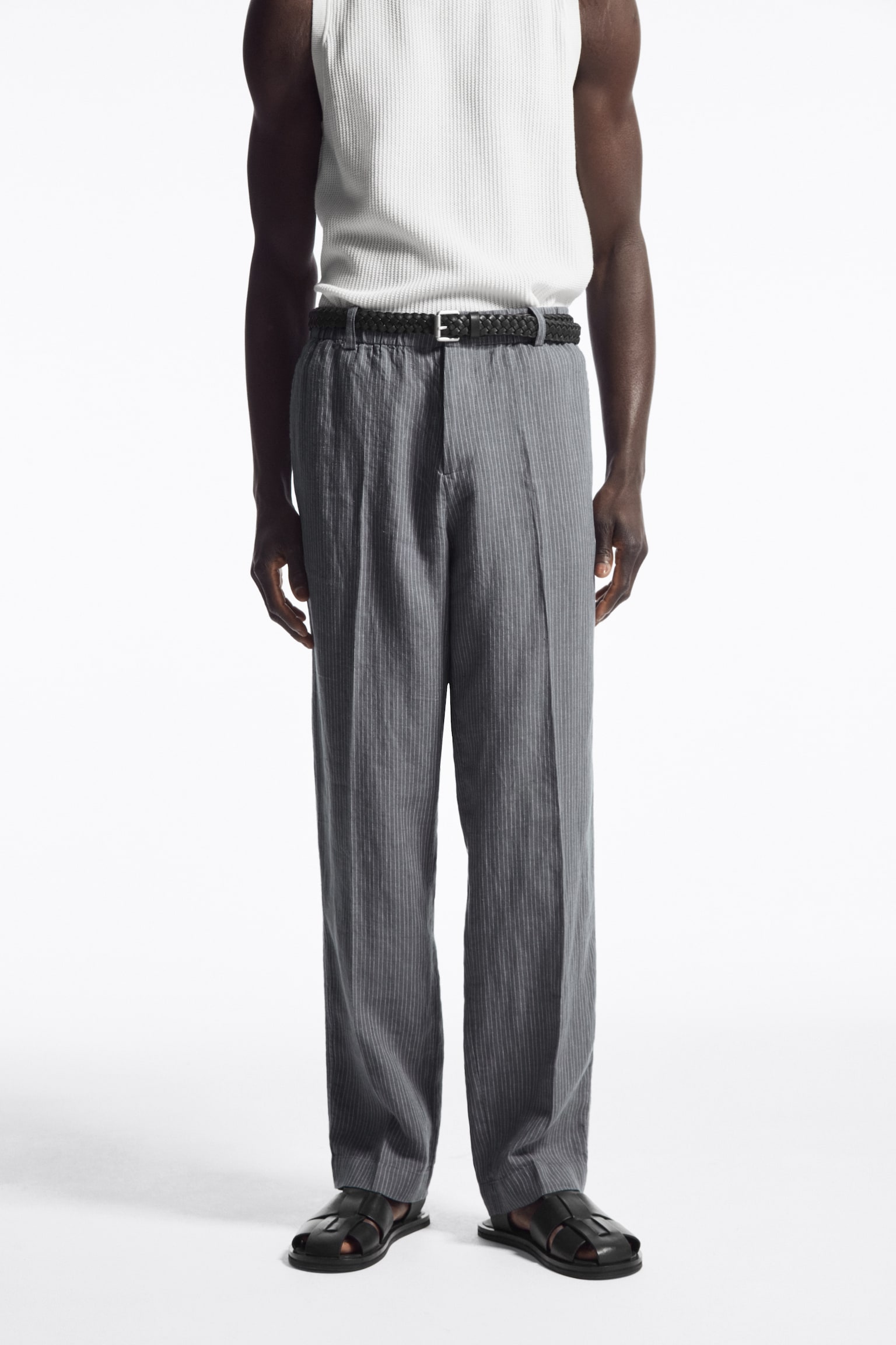 RELAXED ELASTICATED LINEN STRAIGHT-LEG TROUSERS - GREY / PINSTRIPE/DARK NAVY/STONE - 7