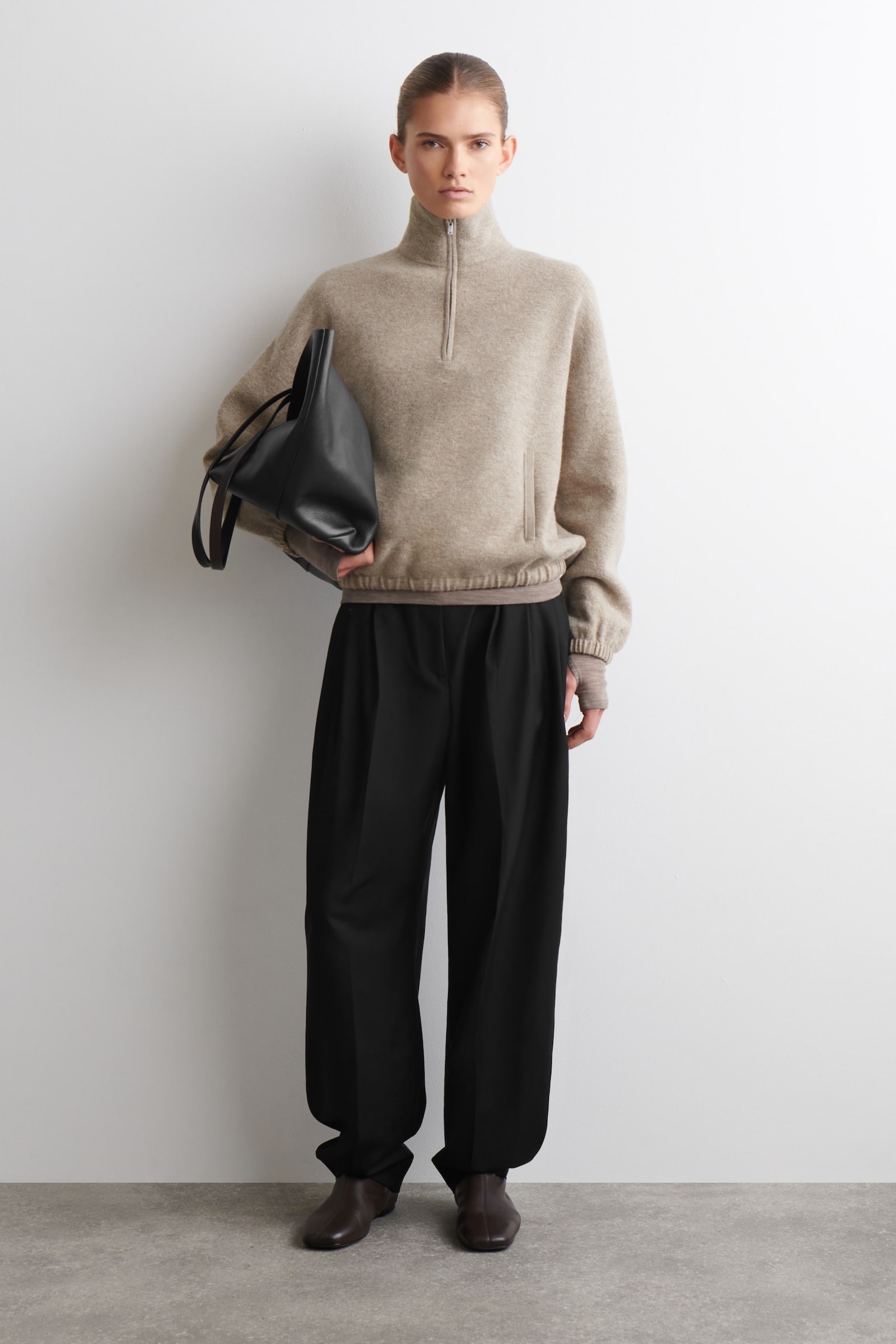 BOILED MERINO WOOL ZIP-UP JUMPER - BEIGE MELIERT/BRAUN MELIERT - 5