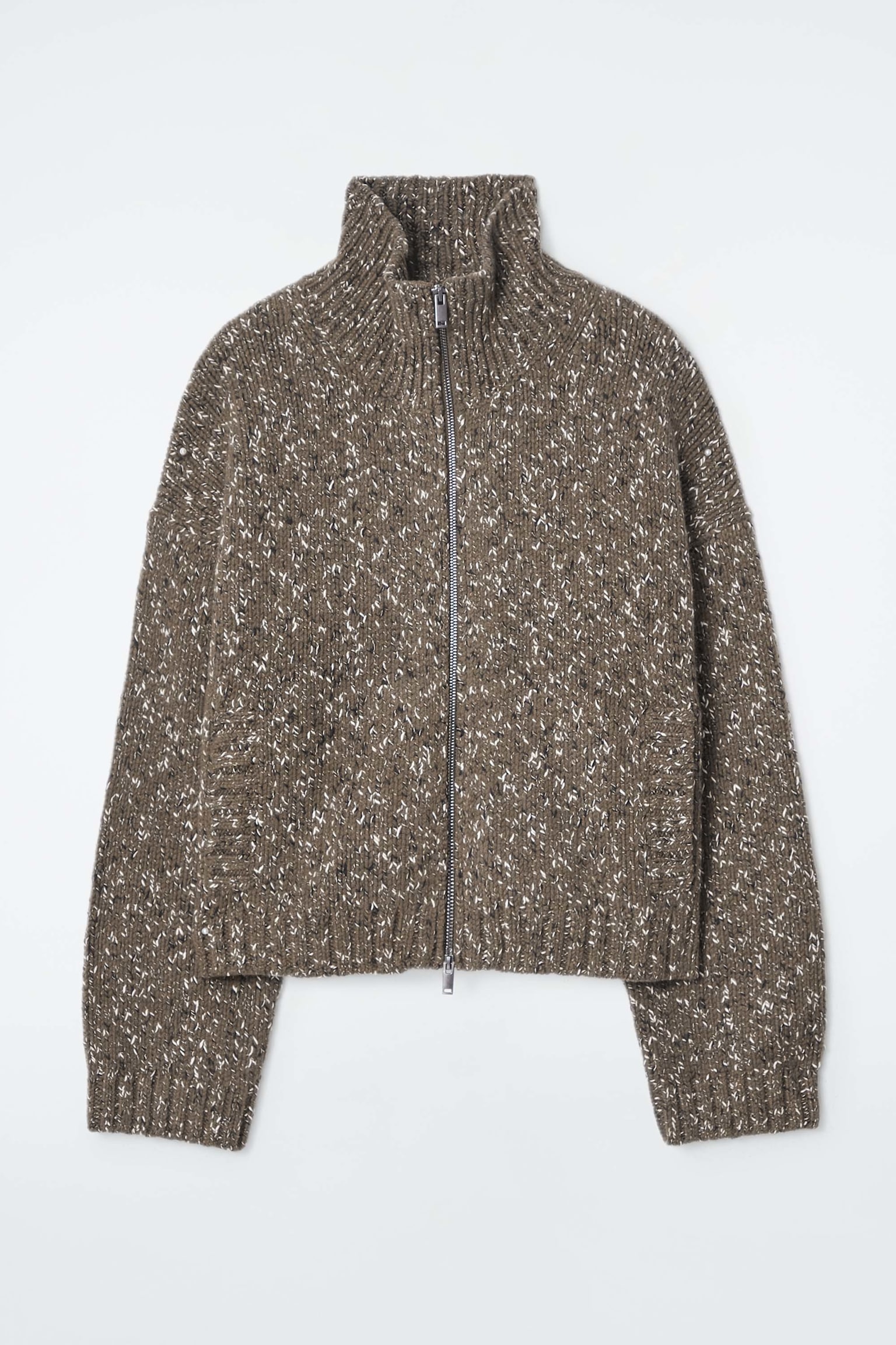 CHUNKY FLECKED WOOL ZIP-UP CARDIGAN - KHAKI - 2