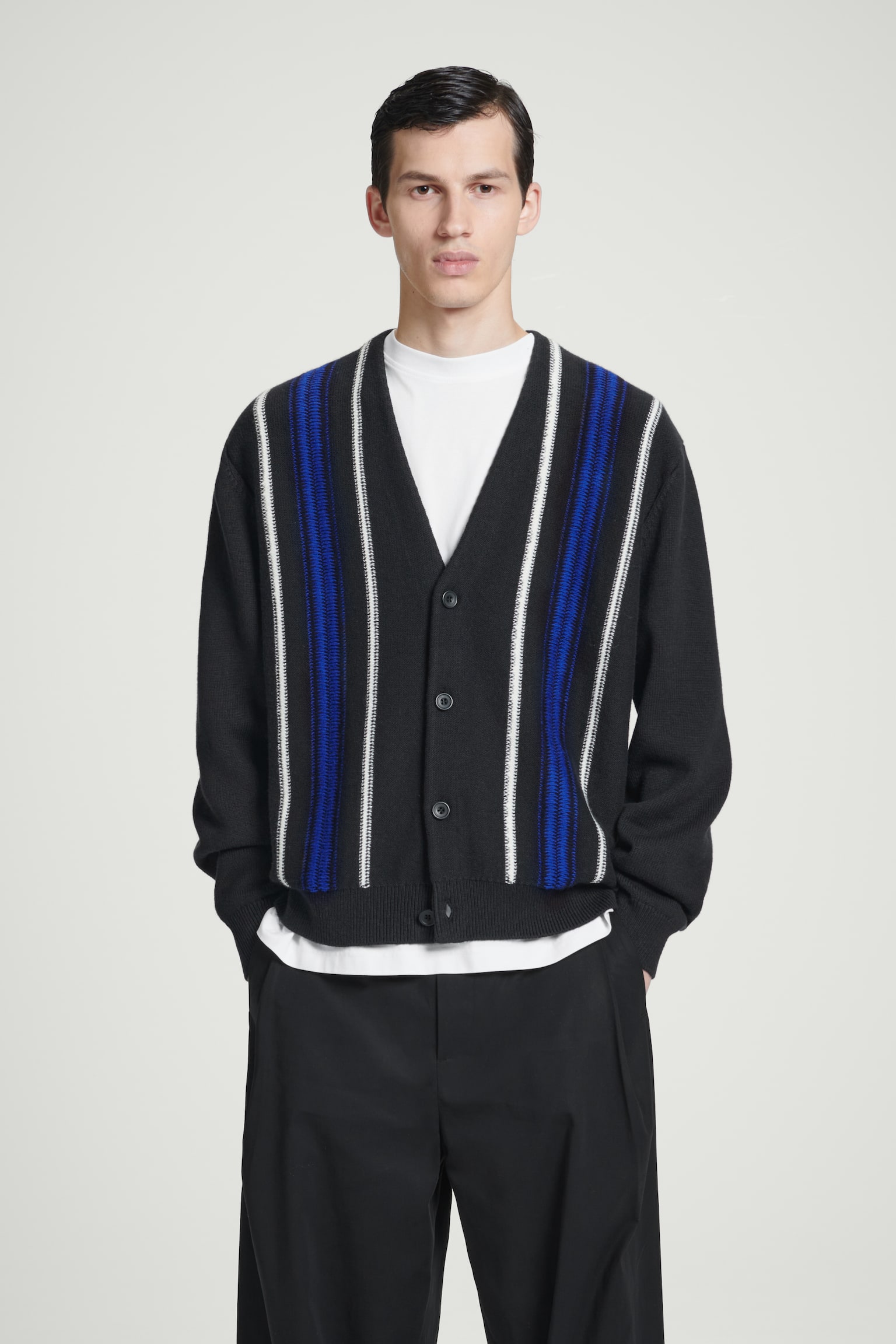 DOUBLE-STRIPE KNITTED CARDIGAN - NAVY / STRIPED - 2