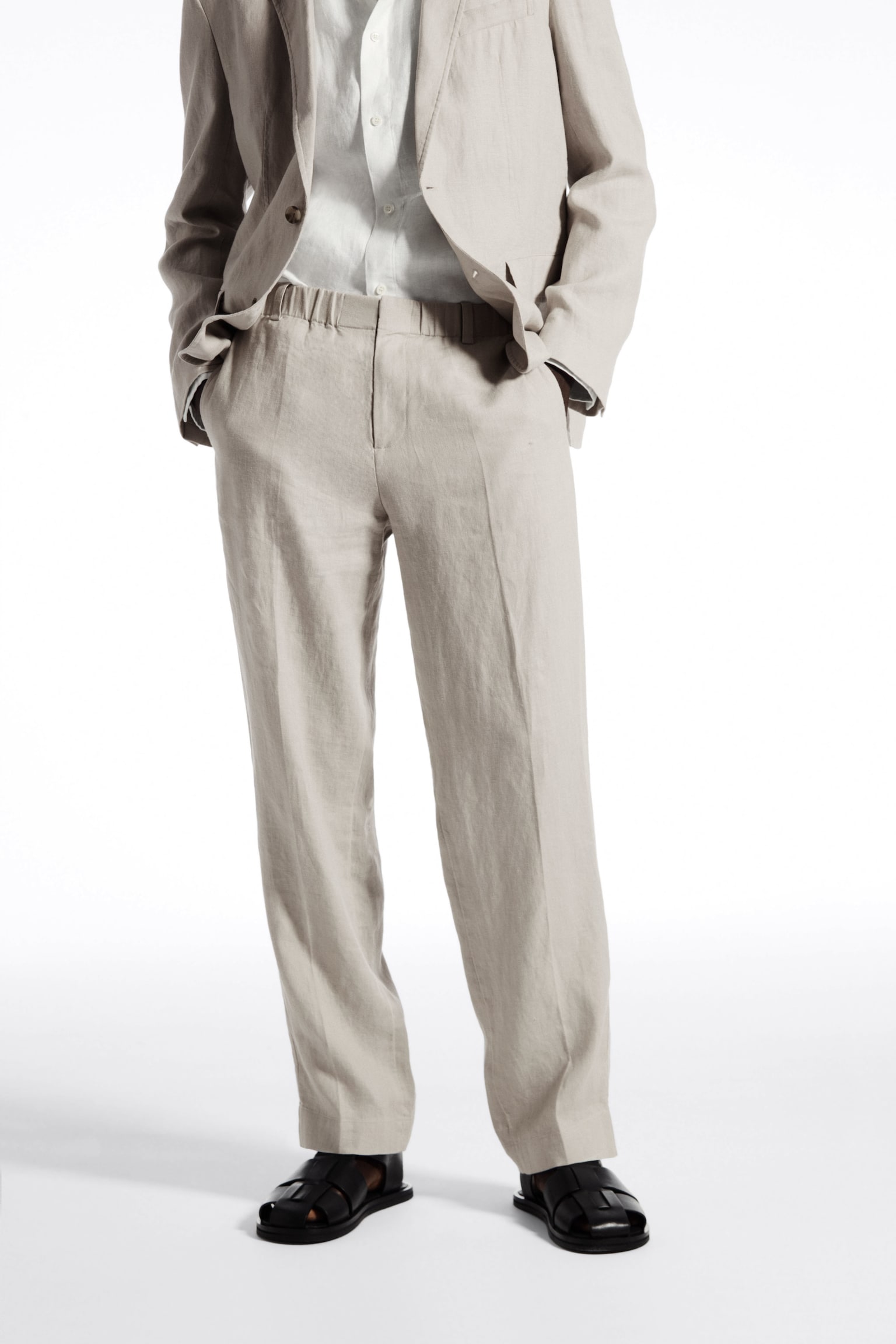 RELAXED ELASTICATED LINEN STRAIGHT-LEG TROUSERS - STONE/DARK NAVY/GREY / PINSTRIPE - 5