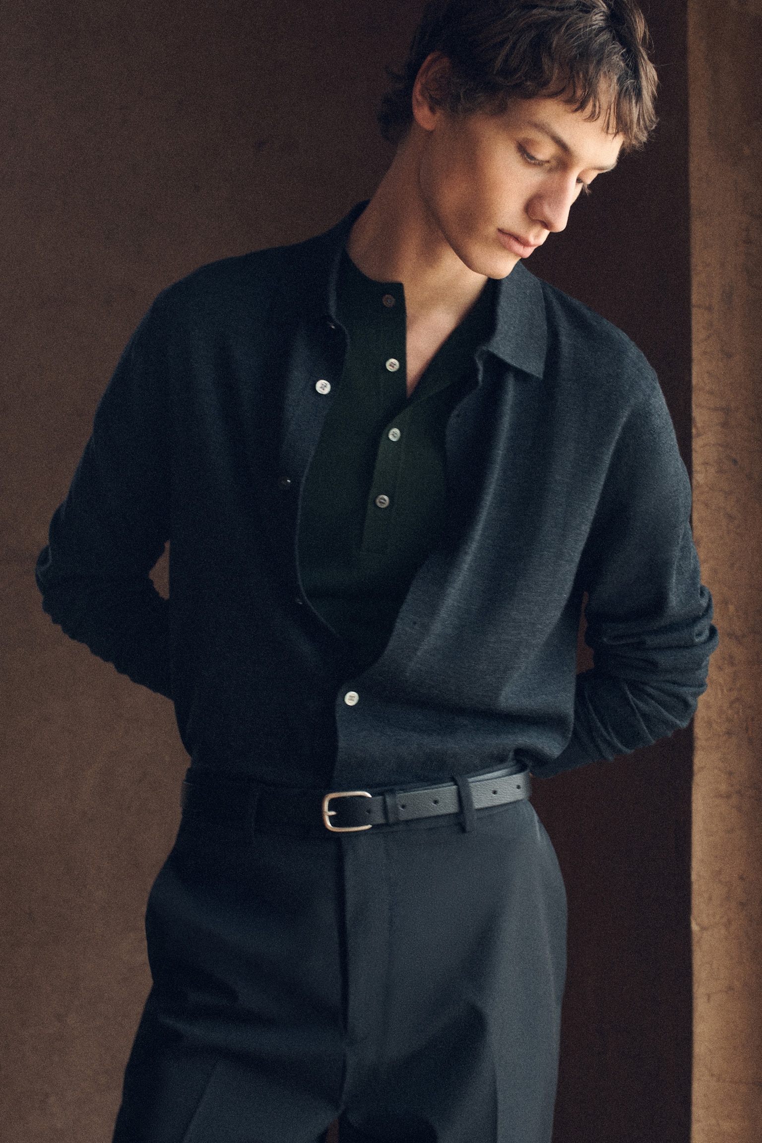 Gebreid shirt van merinowol - Antraciet/Bruin gemêleerd/ZWART - 6