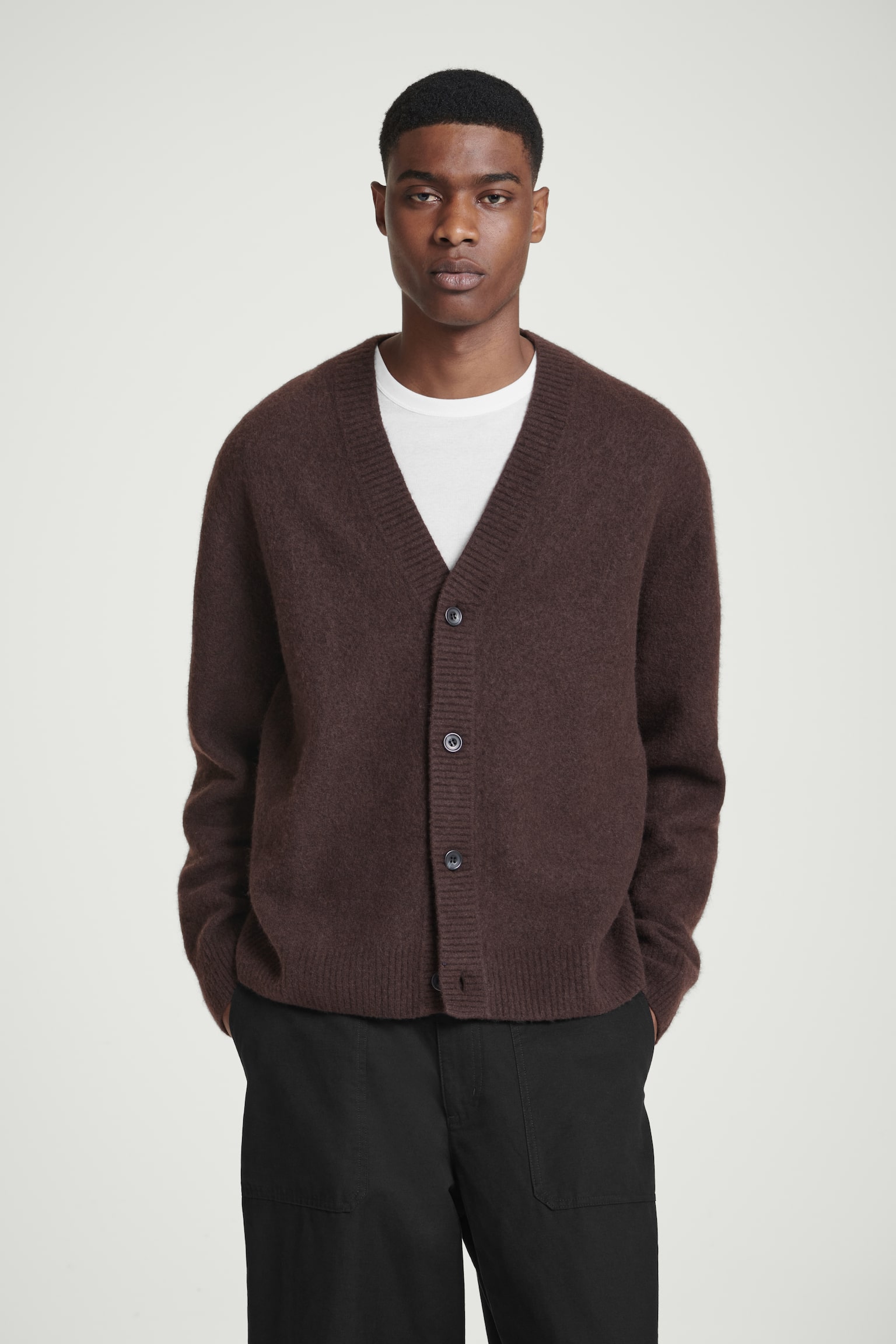 BRUSHED-WOOL V-NECK CARDIGAN - DARK BROWN/TEAL - 2