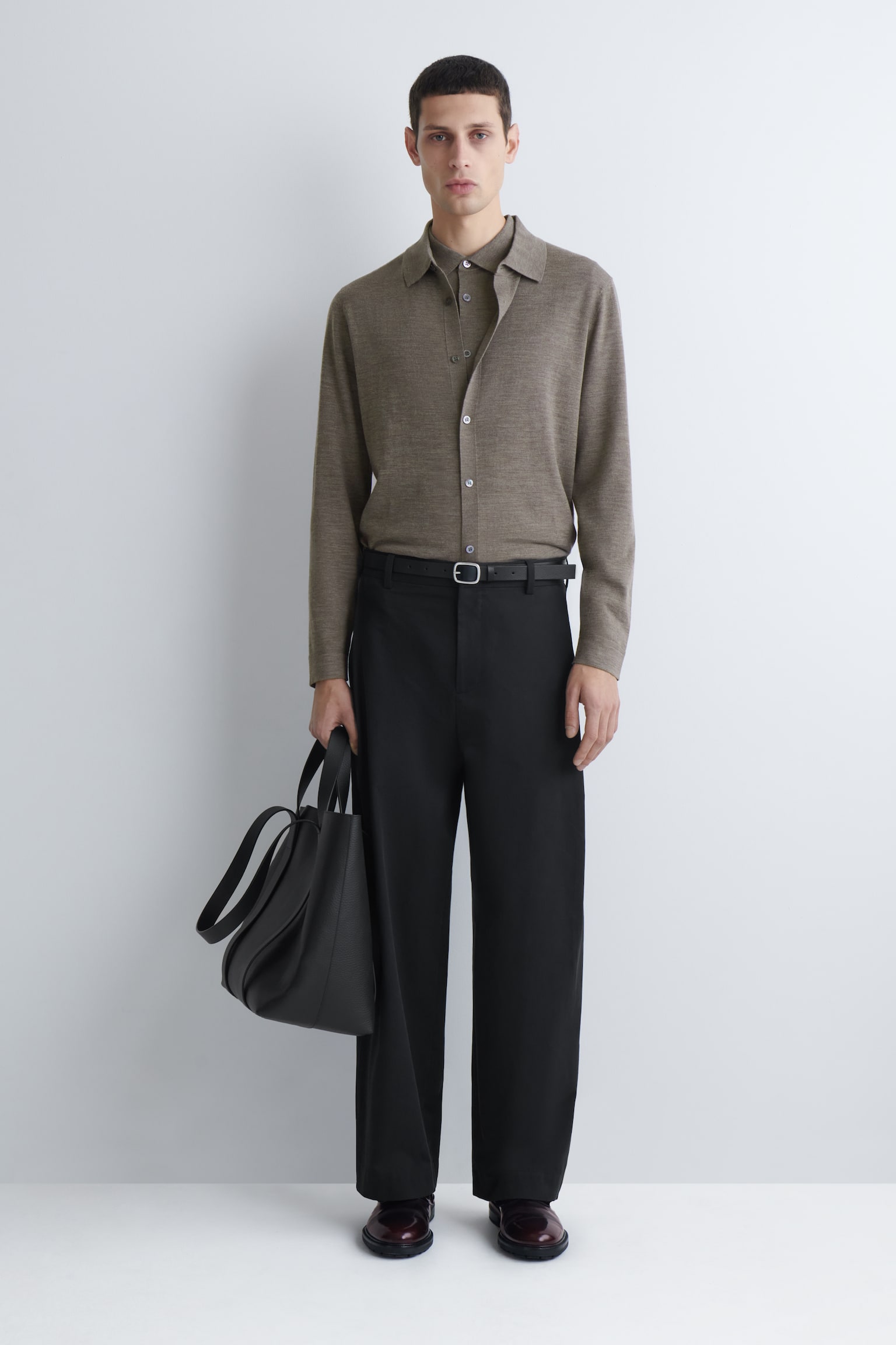 STICKAD SKJORTA I MERINOULL - BRUNMELERAD/SVART/MÖRKGRÅ - 4