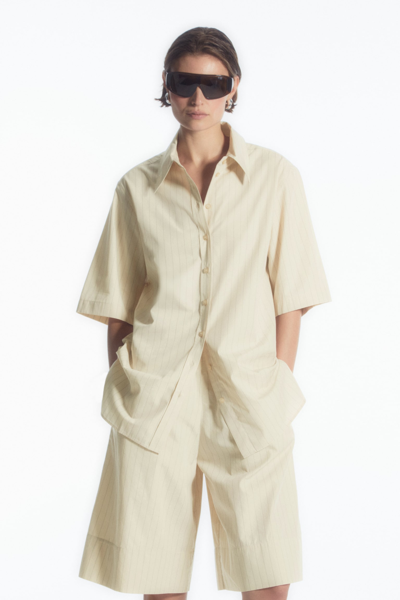 REGULAR SHORT-SLEEVED TUNIC SHIRT - BEIGE / PINSTRIPED - 1