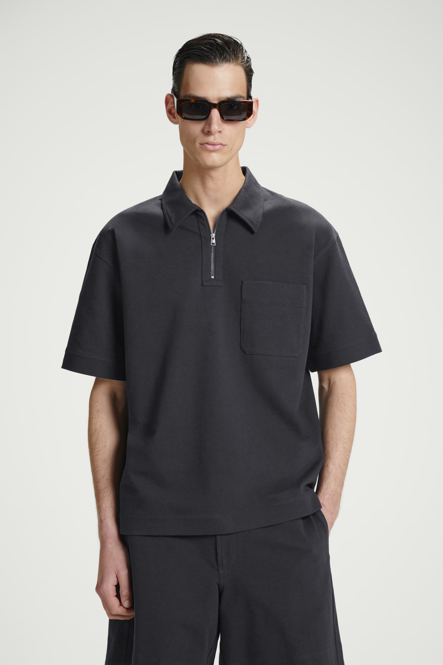 COTTON-TWILL HALF-ZIP POLO SHIRT - NAVY/OFF-WHITE - 1