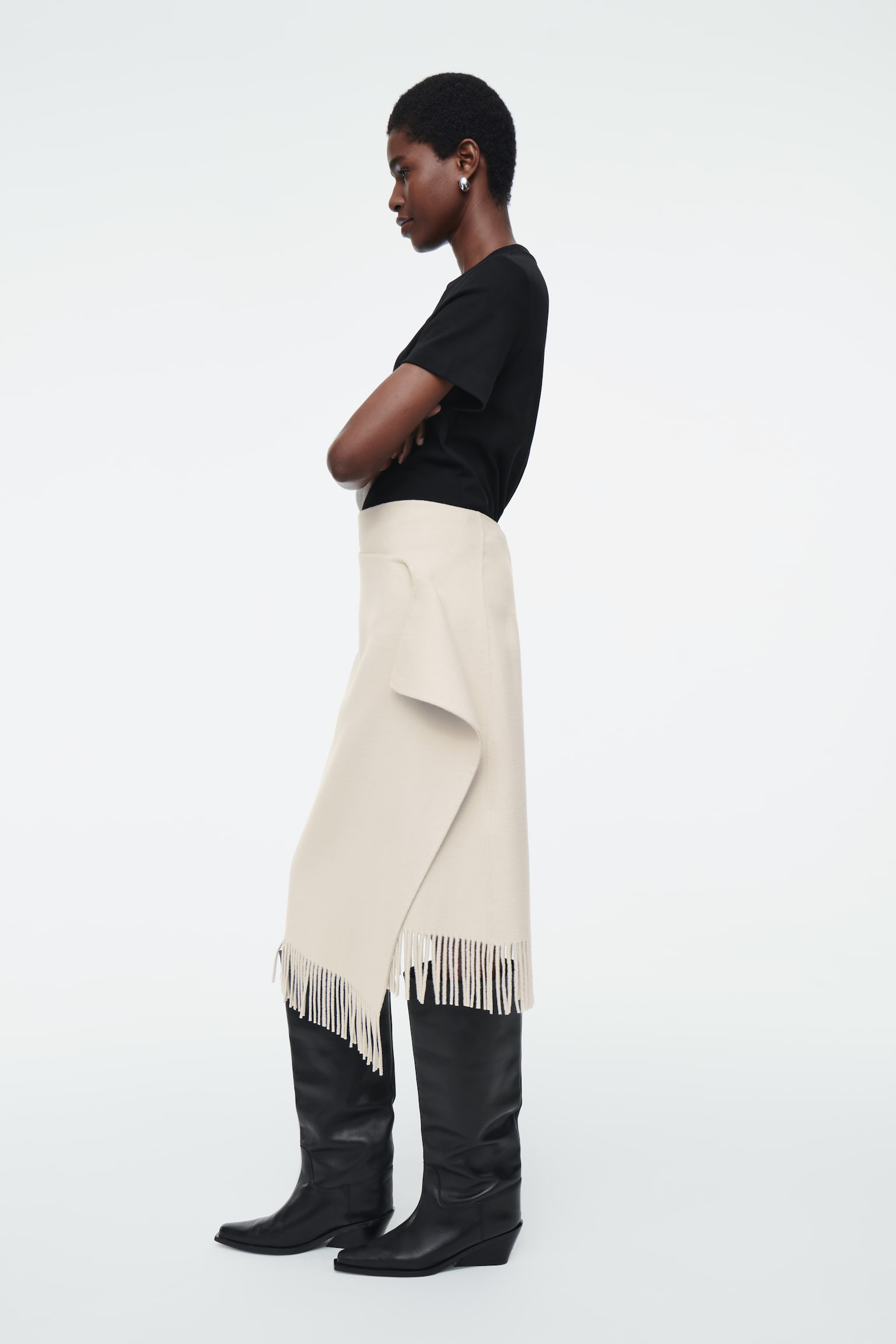 FRINGED WOOL MIDI WRAP SKIRT - WHITE/BLACK/DARK NAVY - 3