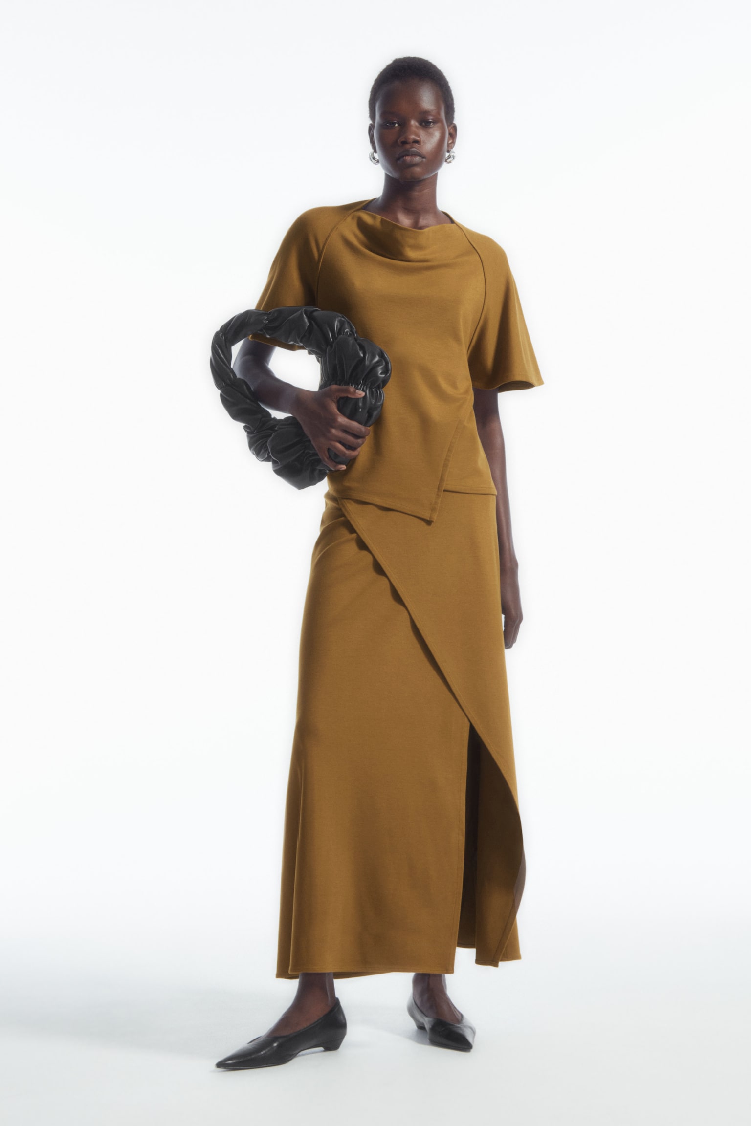 JERSEY WRAP MIDI SKIRT - OCHRE/BLACK - 1