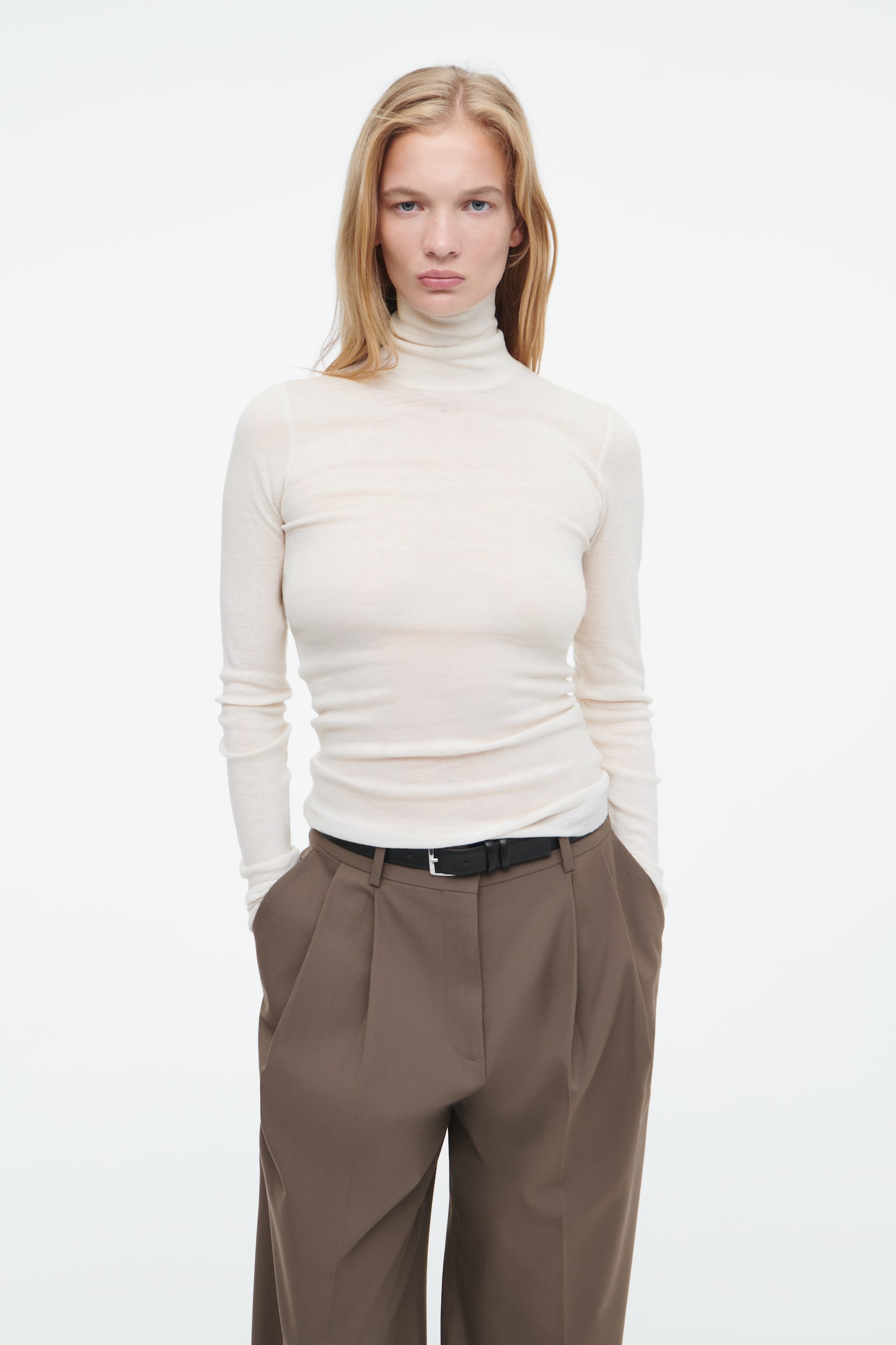 MERINO WOOL TURTLENECK TOP - WHITE/BRIGHT BLUE/ORANGE/BLACK/GREEN/RED/DARK BROWN/APRICOT/GREY / ARGYLE/NAVY/BLACK / WHITE / STRIPED/DARK GREEN - 1