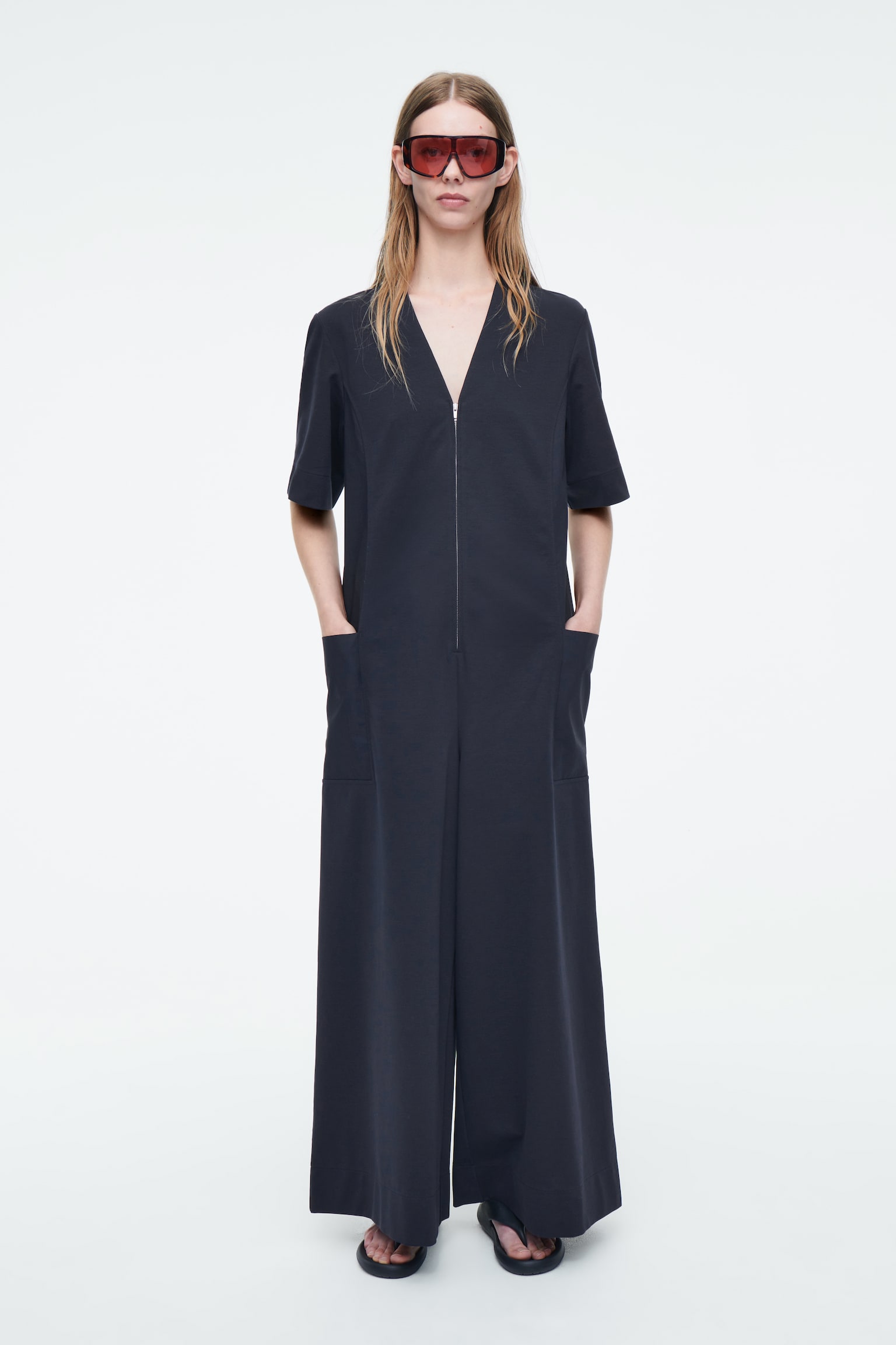 PANELLED V-NECK JUMPSUIT - NAVY - 1