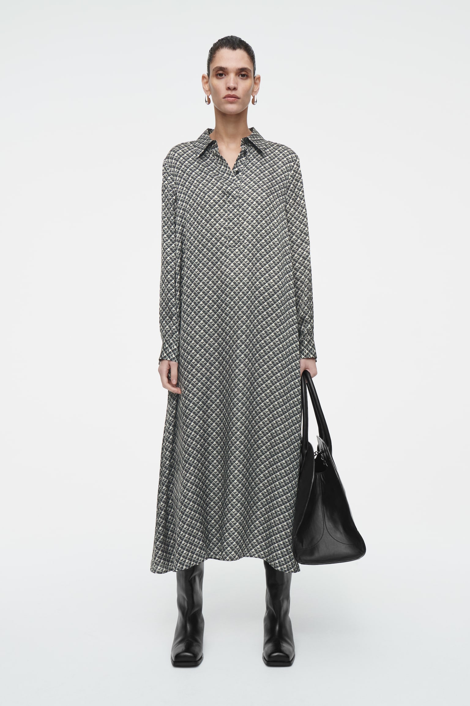 GEOMETRIC-PRINT MAXI SHIRT DRESS - DARK GREEN / PRINTED - 1