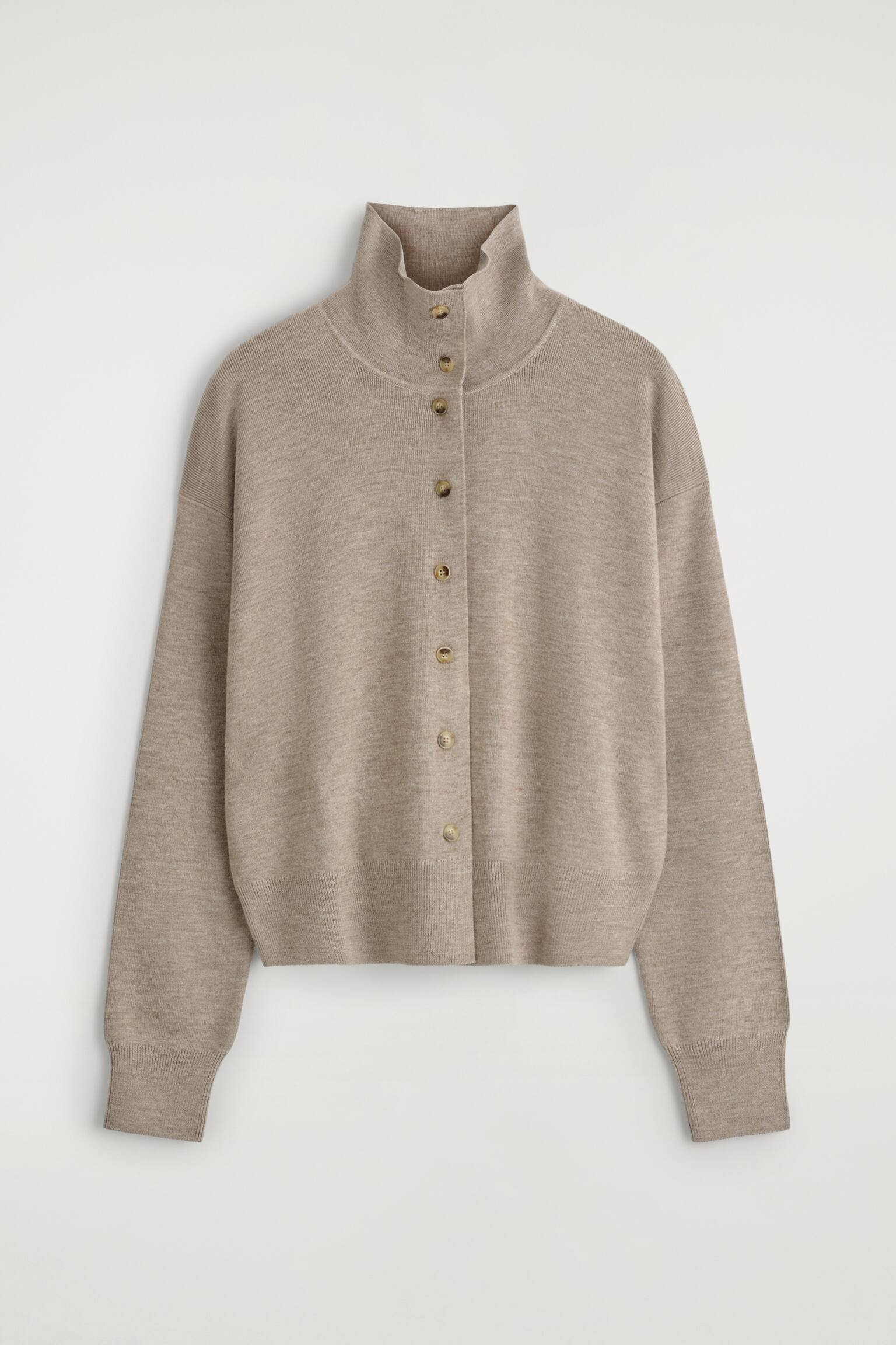 Cardigan i merinoull med traktkrage - Beige melert/MARINE - 2