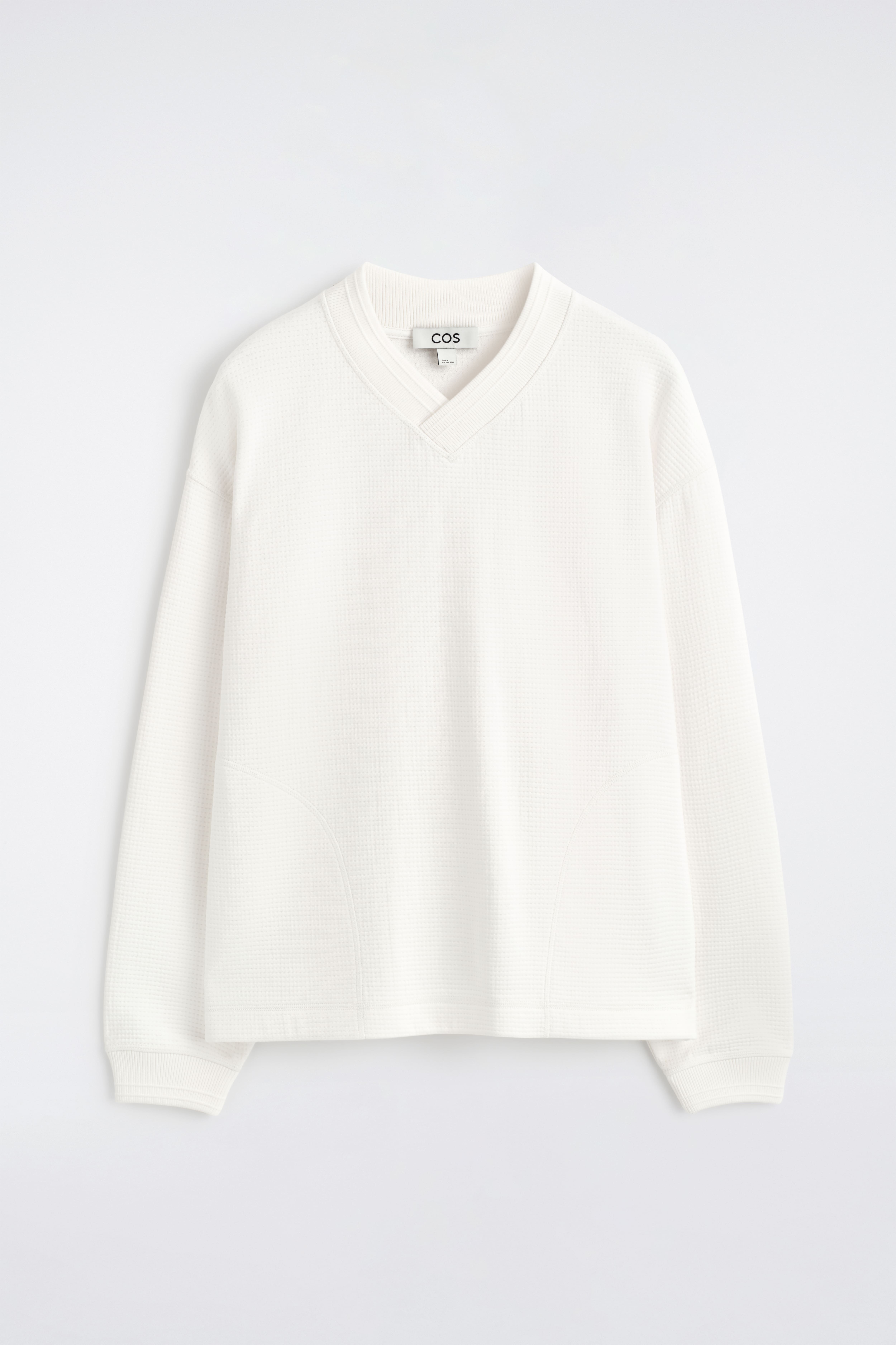 FELPA IN COTONE A NIDO D'APE CON SCOLLO A V - BIANCO