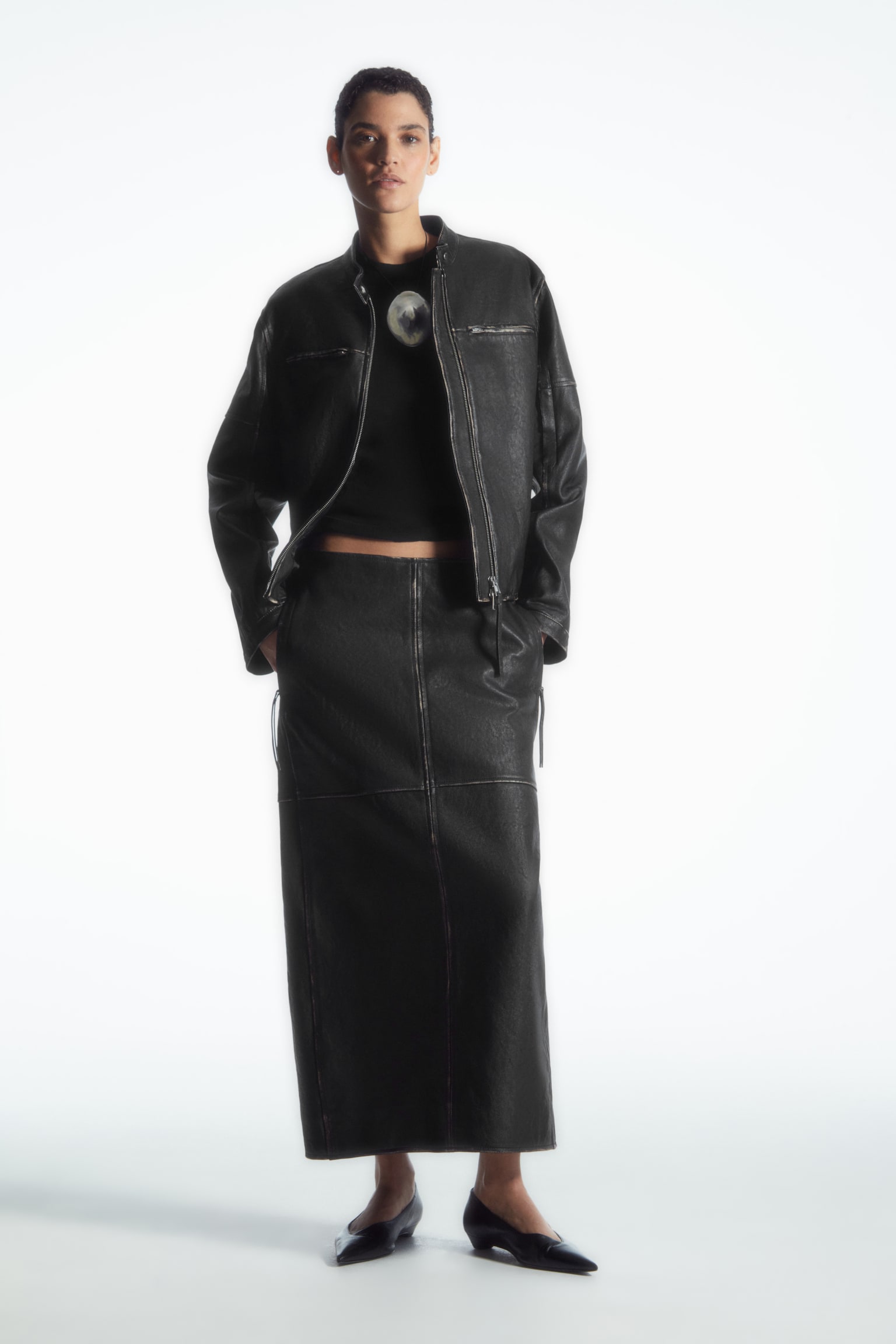 PANELLED LEATHER RACER MIDI SKIRT - BLACK - 1