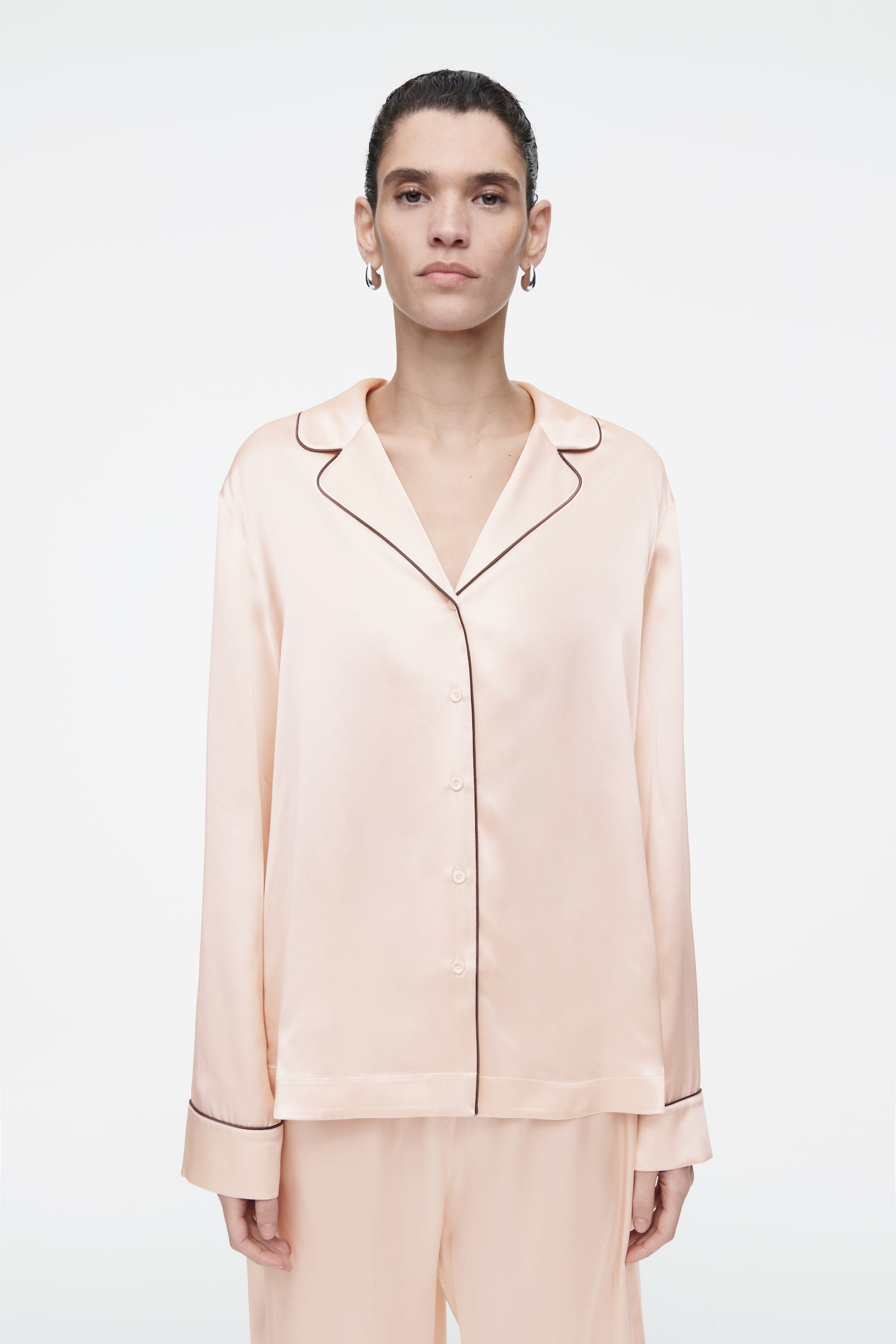 PIPED SILK PYJAMA SHIRT - APRICOT - 1