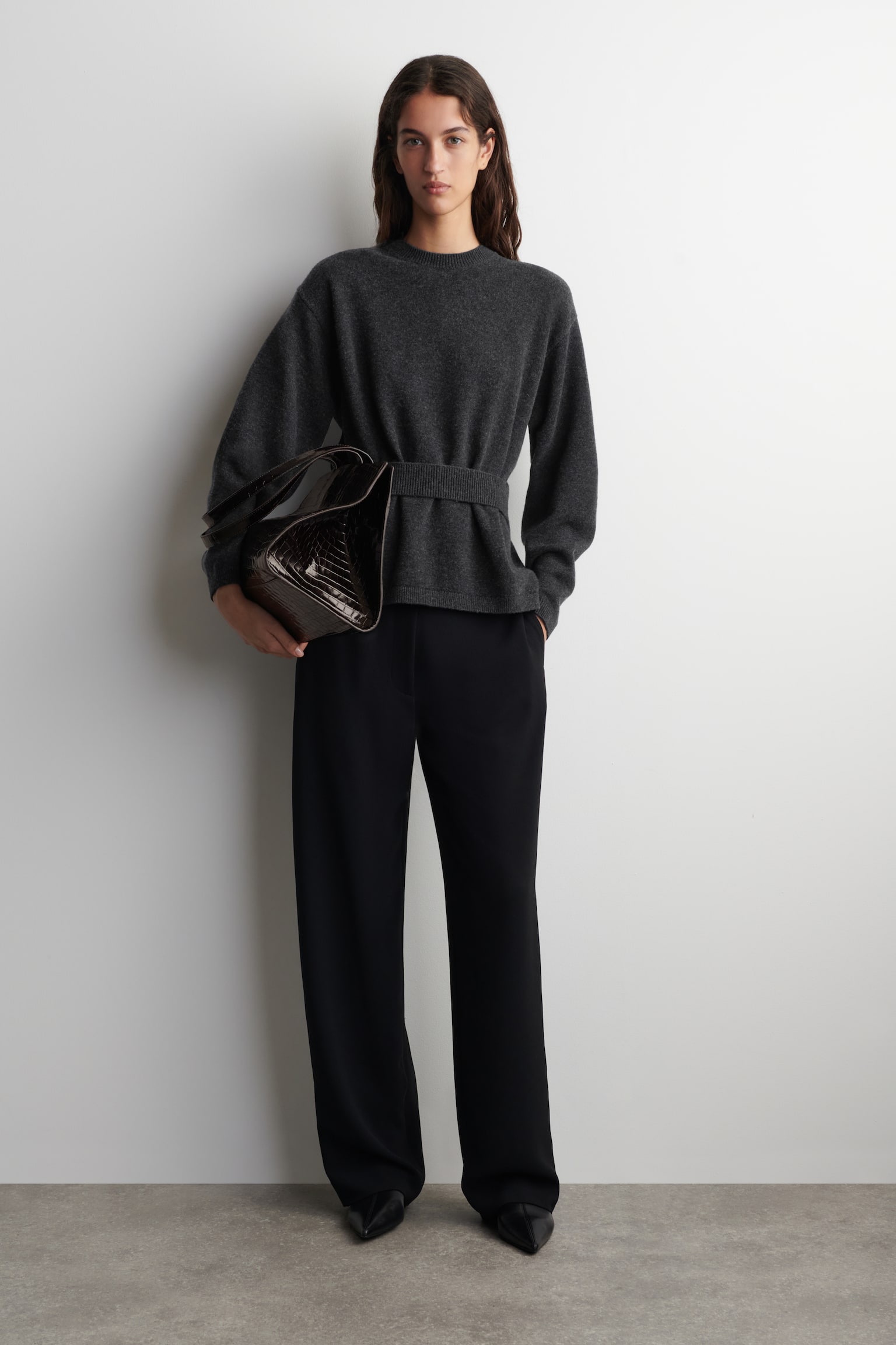 MERINOULDTRØJE MED BÆLTEDETALJE - MELERET KOKSGRÅ/STÅLBLÅ - 5