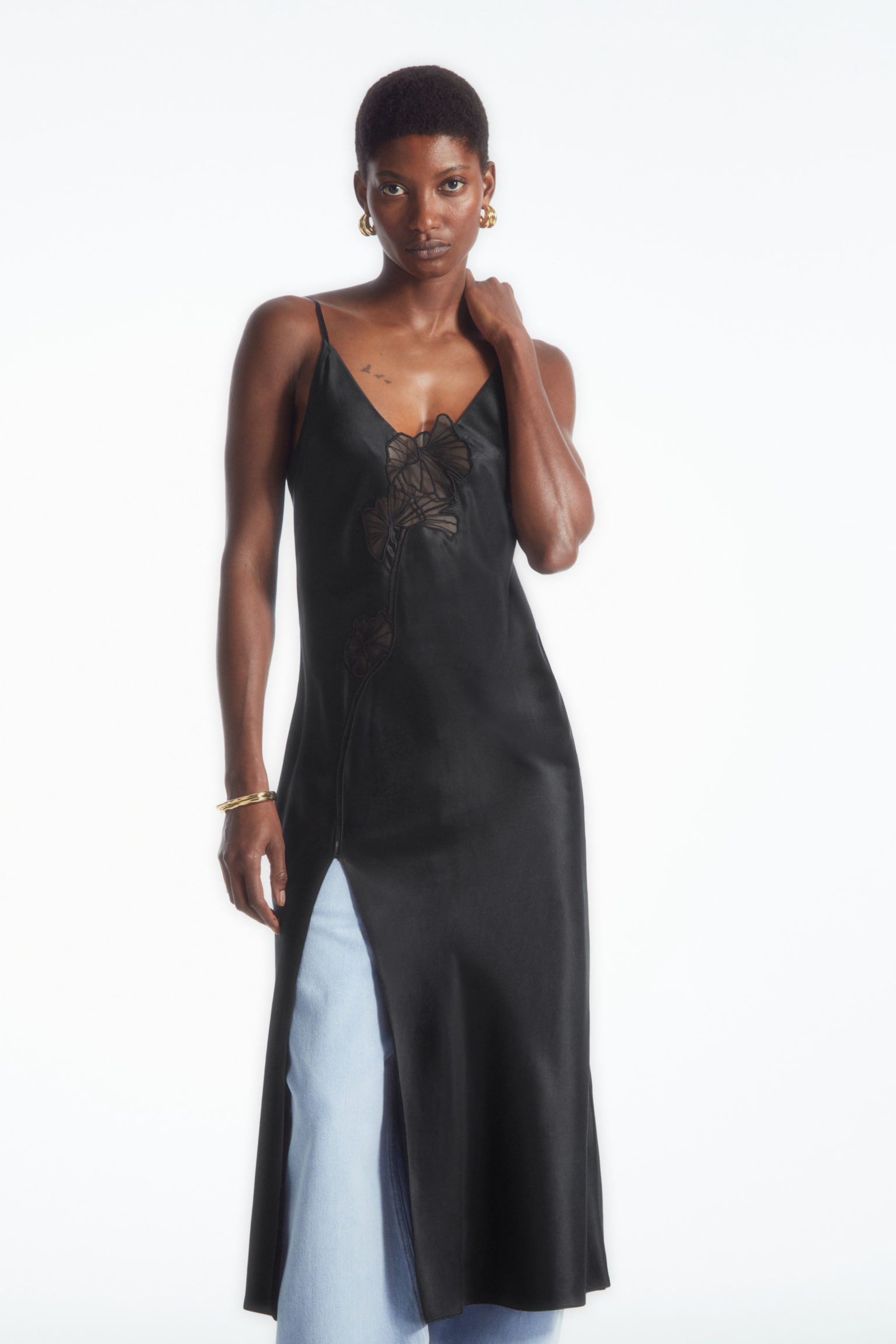 LACE-PANELLED SILK SLIP DRESS - BLACK - 6