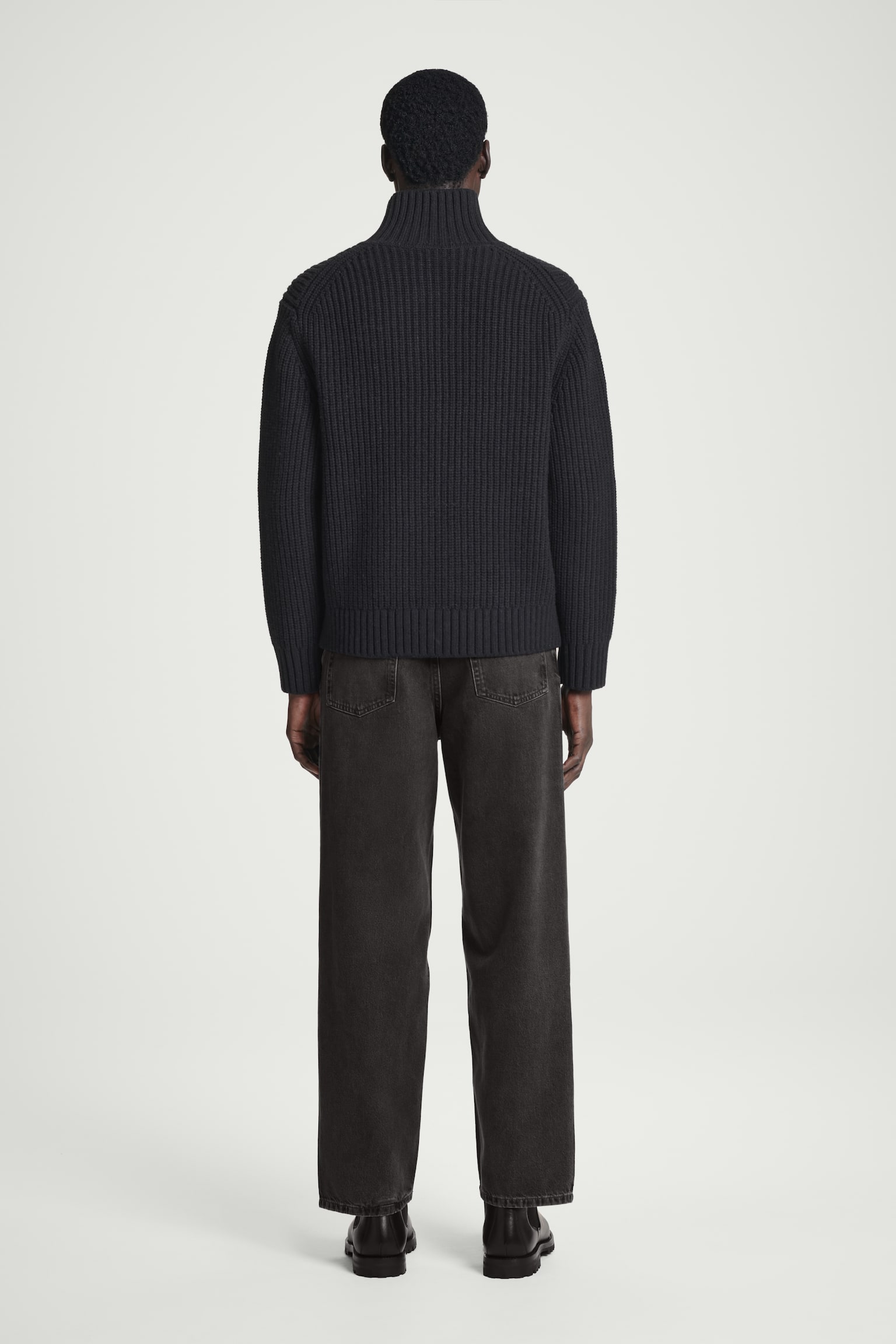 FUNNEL-NECK KNITTED WOOL JACKET - NAVY/BEIGE - 4