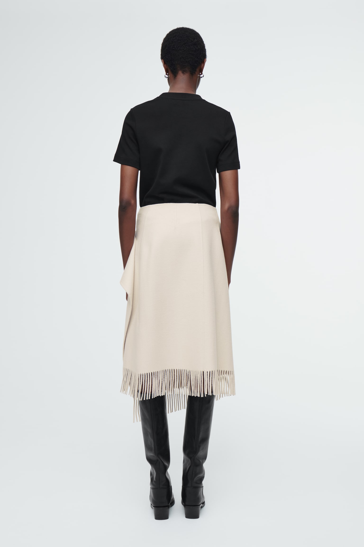 FRINGED WOOL MIDI WRAP SKIRT - WHITE/BLACK/DARK NAVY - 4