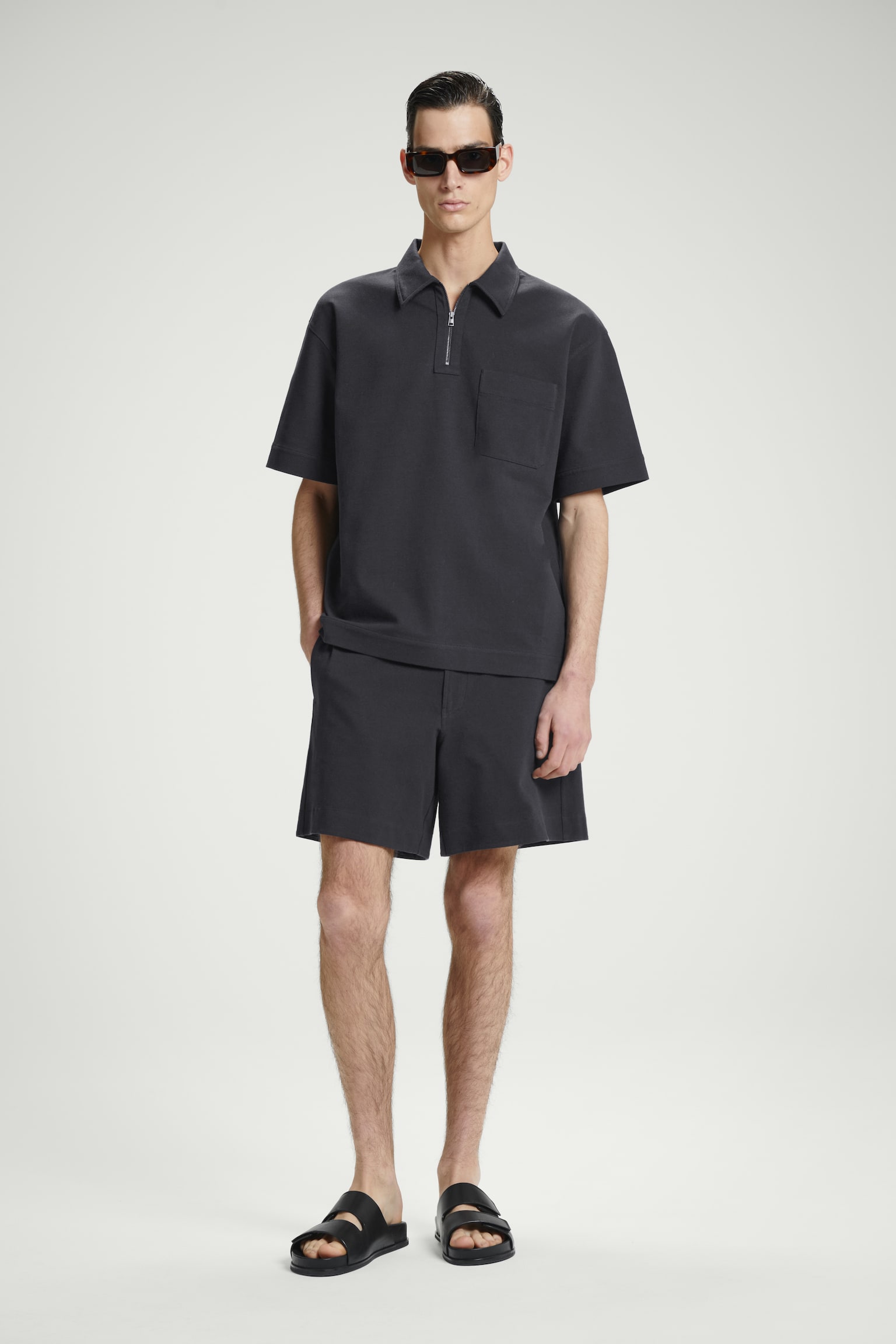 COTTON-TWILL HALF-ZIP POLO SHIRT - NAVY/OFF-WHITE - 3