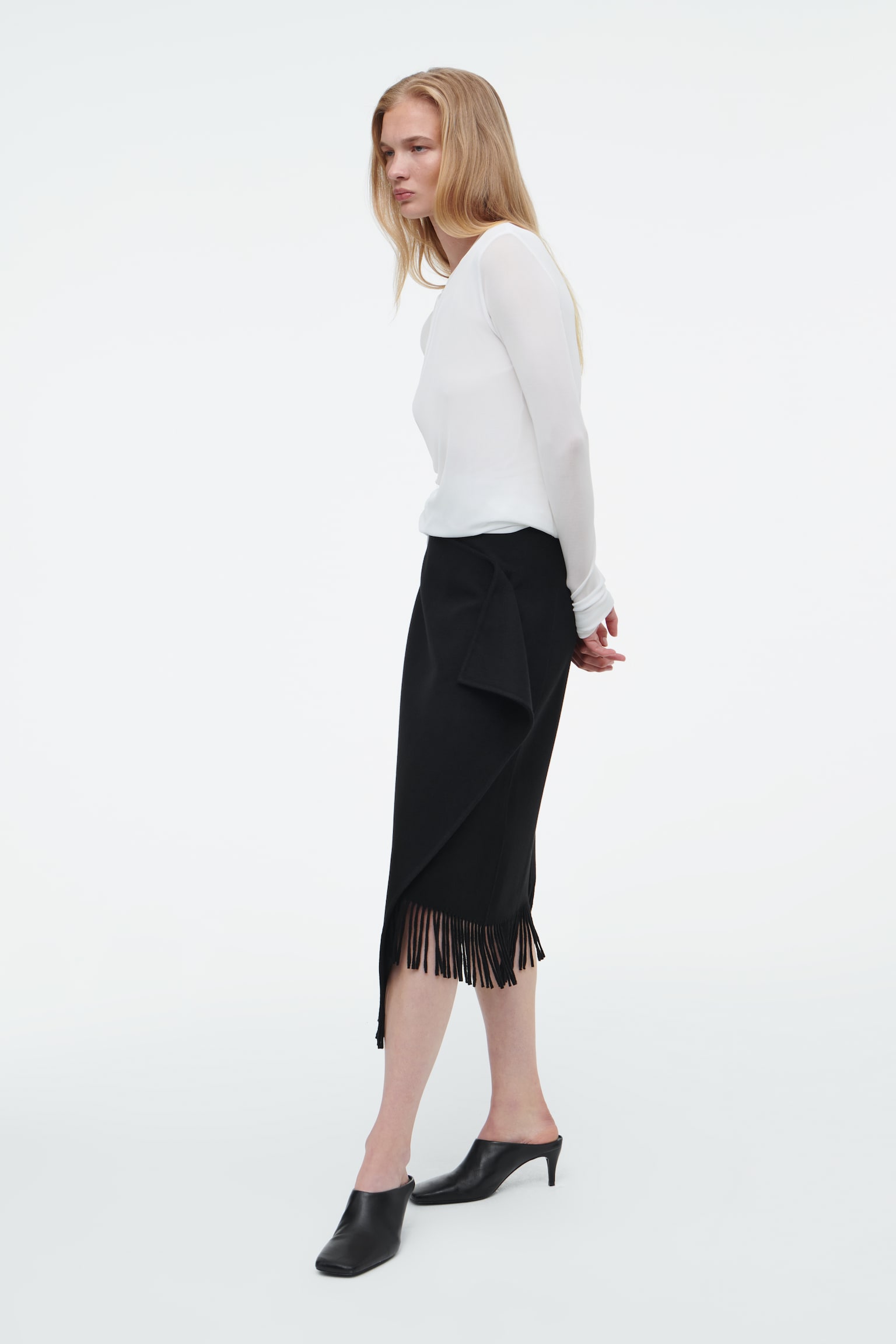 FRINGED WOOL MIDI WRAP SKIRT - BLACK/WHITE/DARK NAVY - 3