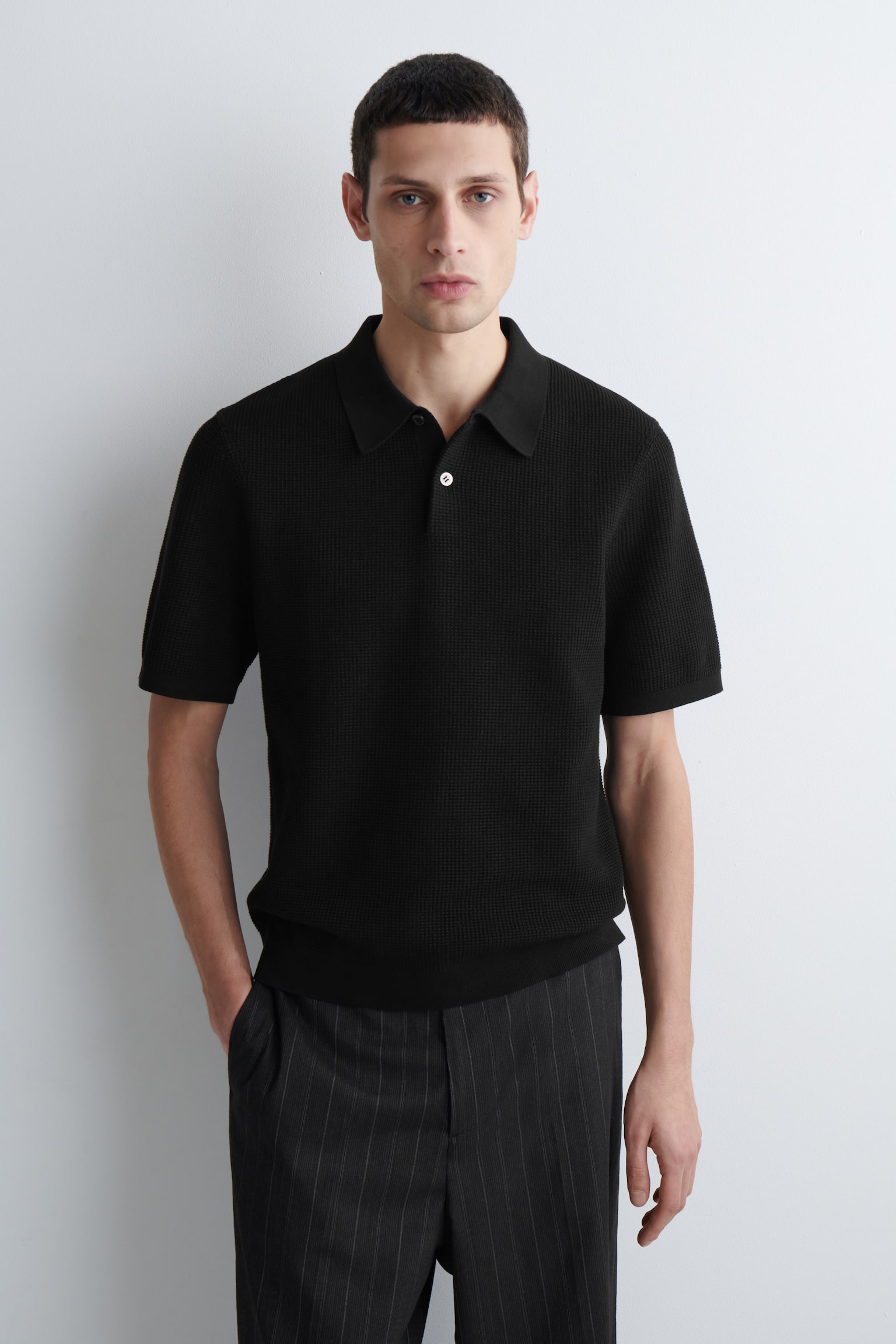 WAFFLE-KNIT COTTON POLO SHIRT - BLACK/DARK BEIGE - 1