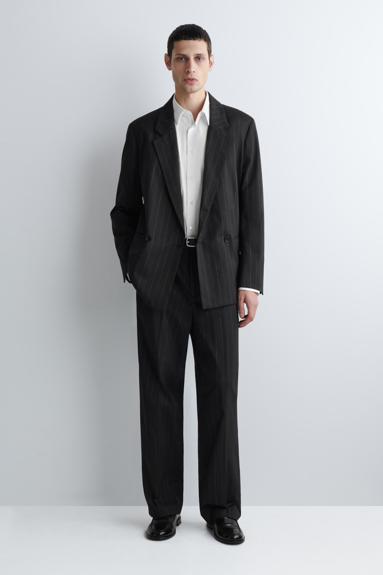 CAMICIA IN POPELINE DI COTONE DAL TAGLIO SLIM - BIANCO/BLU NAVY / GESSATO - 3