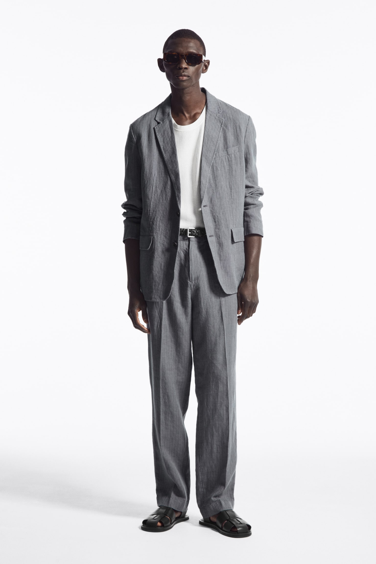 RELAXED ELASTICATED LINEN STRAIGHT-LEG TROUSERS - GREY / PINSTRIPE/DARK NAVY/STONE - 1