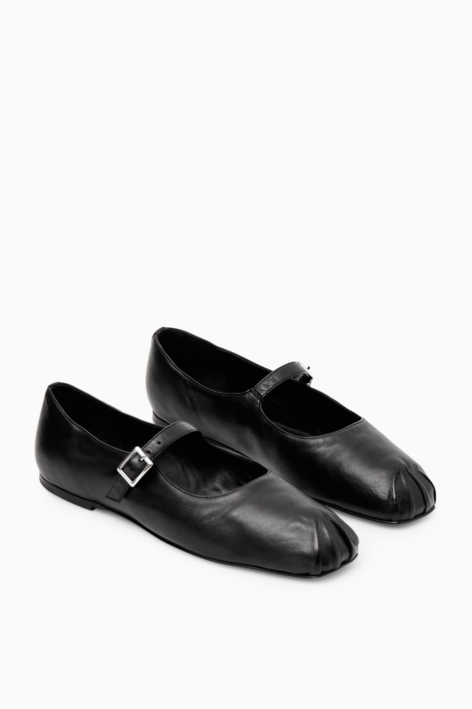 PLEATED LEATHER MARY-JANE BALLET FLATS - BLACK - 5