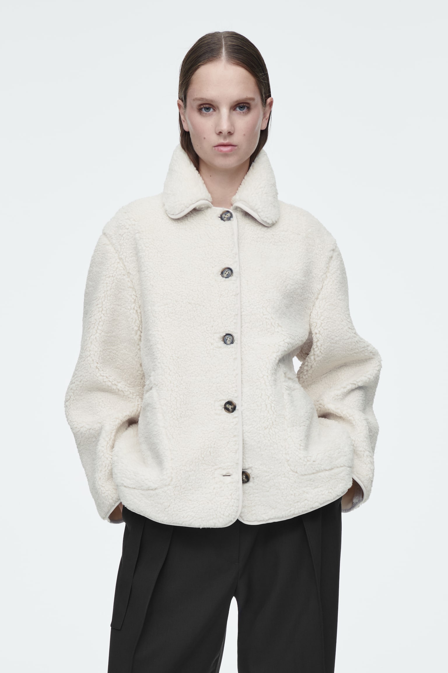 COLLARED FAUX SHEARLING JACKET - IVORY/DARK BROWN - 1