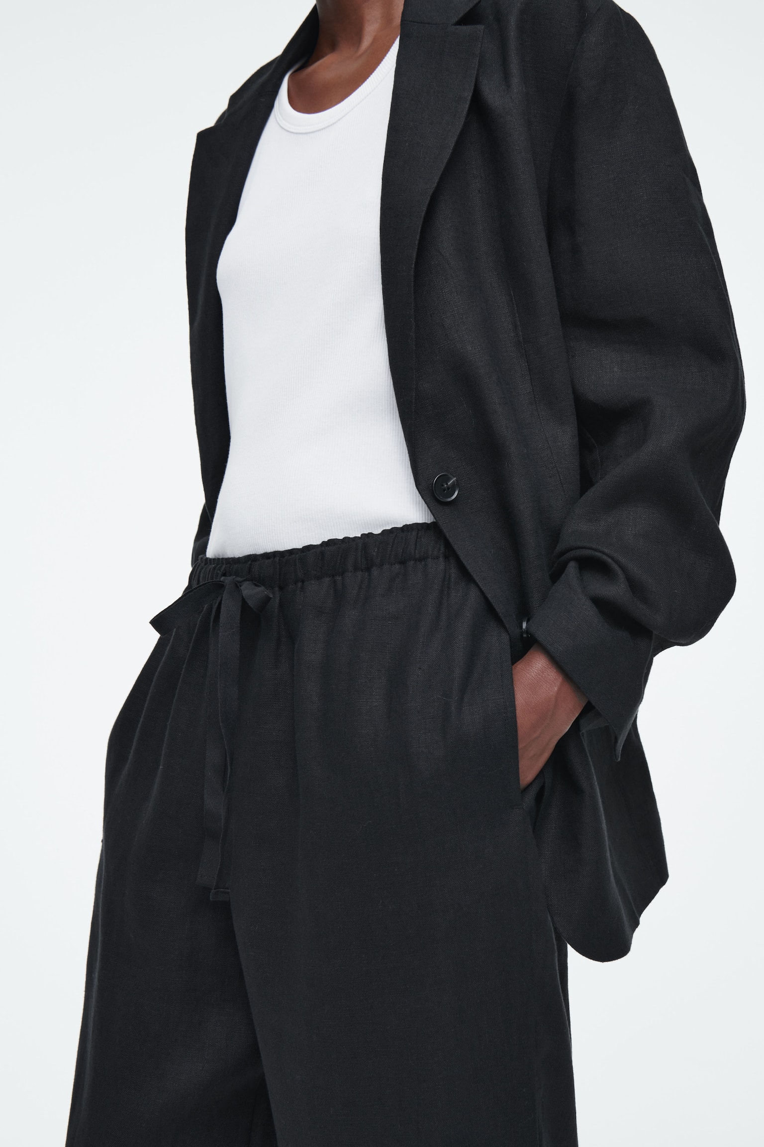 DRAWSTRING LINEN TROUSERS - BLACK - 7