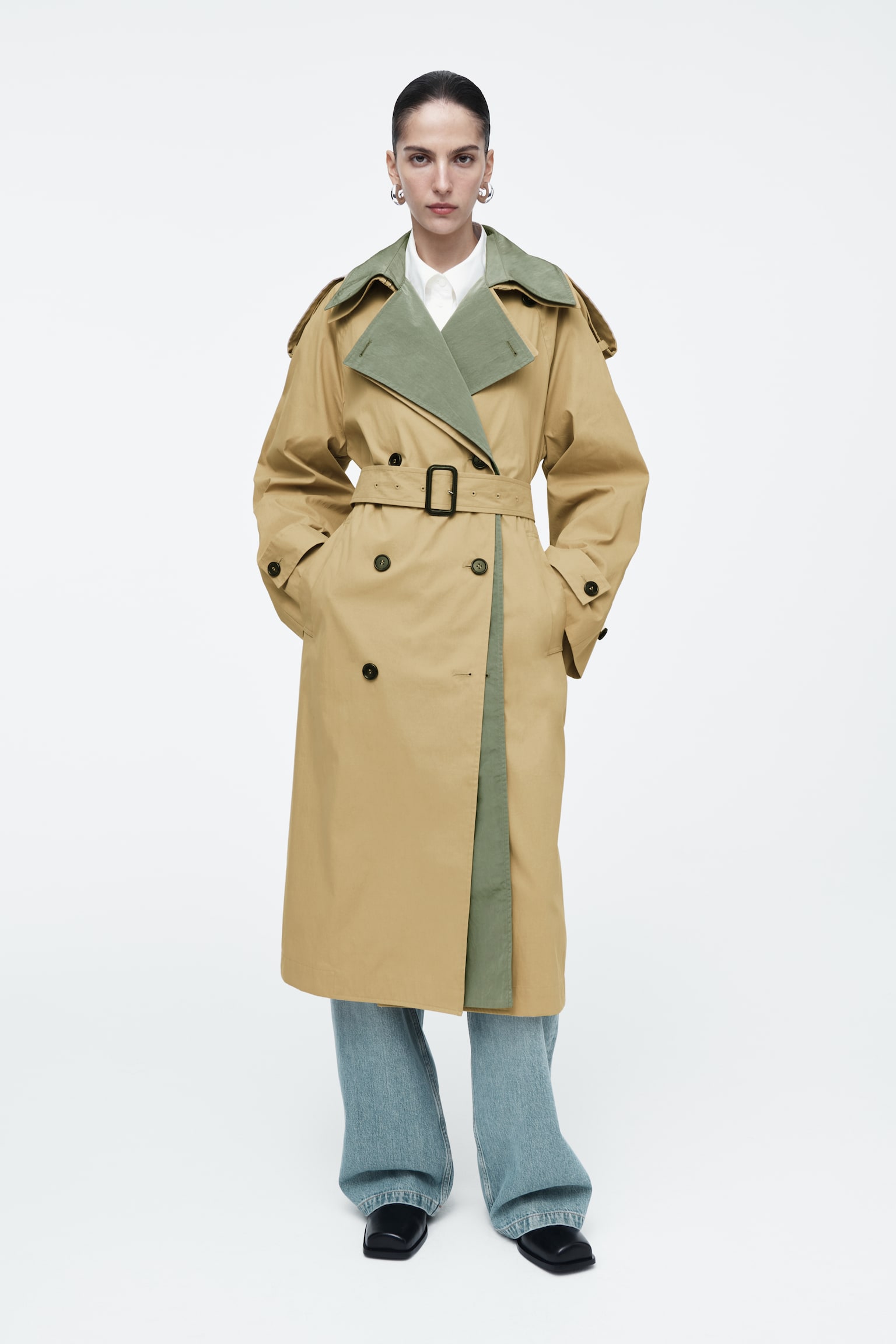 LAYERED DOUBLE-BREASTED TRENCH COAT - BEIGE / KHAKI - 1