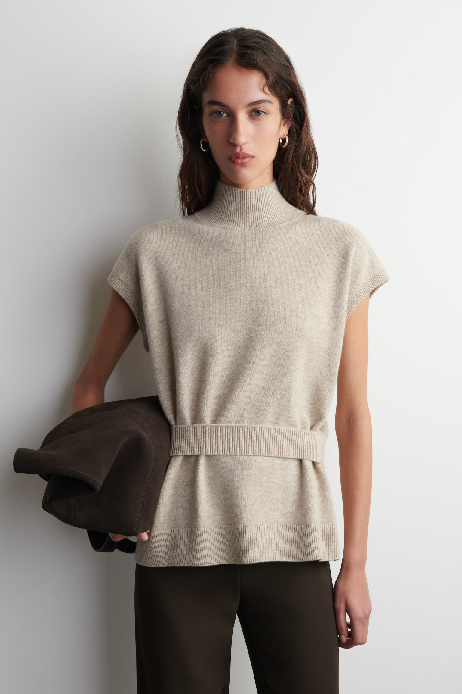 GILET IN LANA CON COLLO A IMBUTO E CINTURA - BEIGE MÉLANGE/NERO - 1