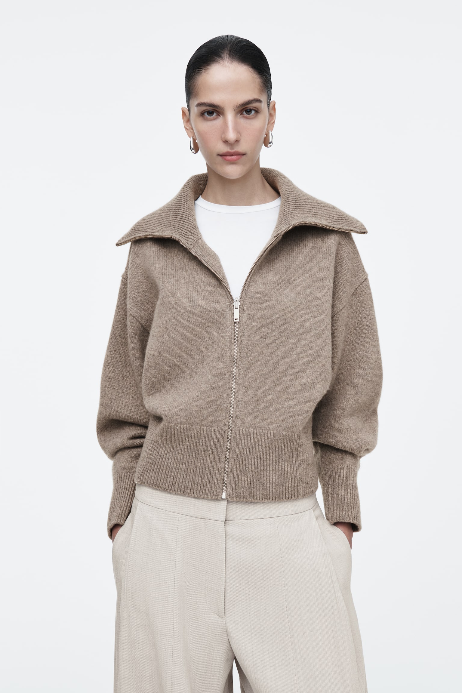 WAISTED KNITTED WOOL BOMBER JACKET - MOLE - 5