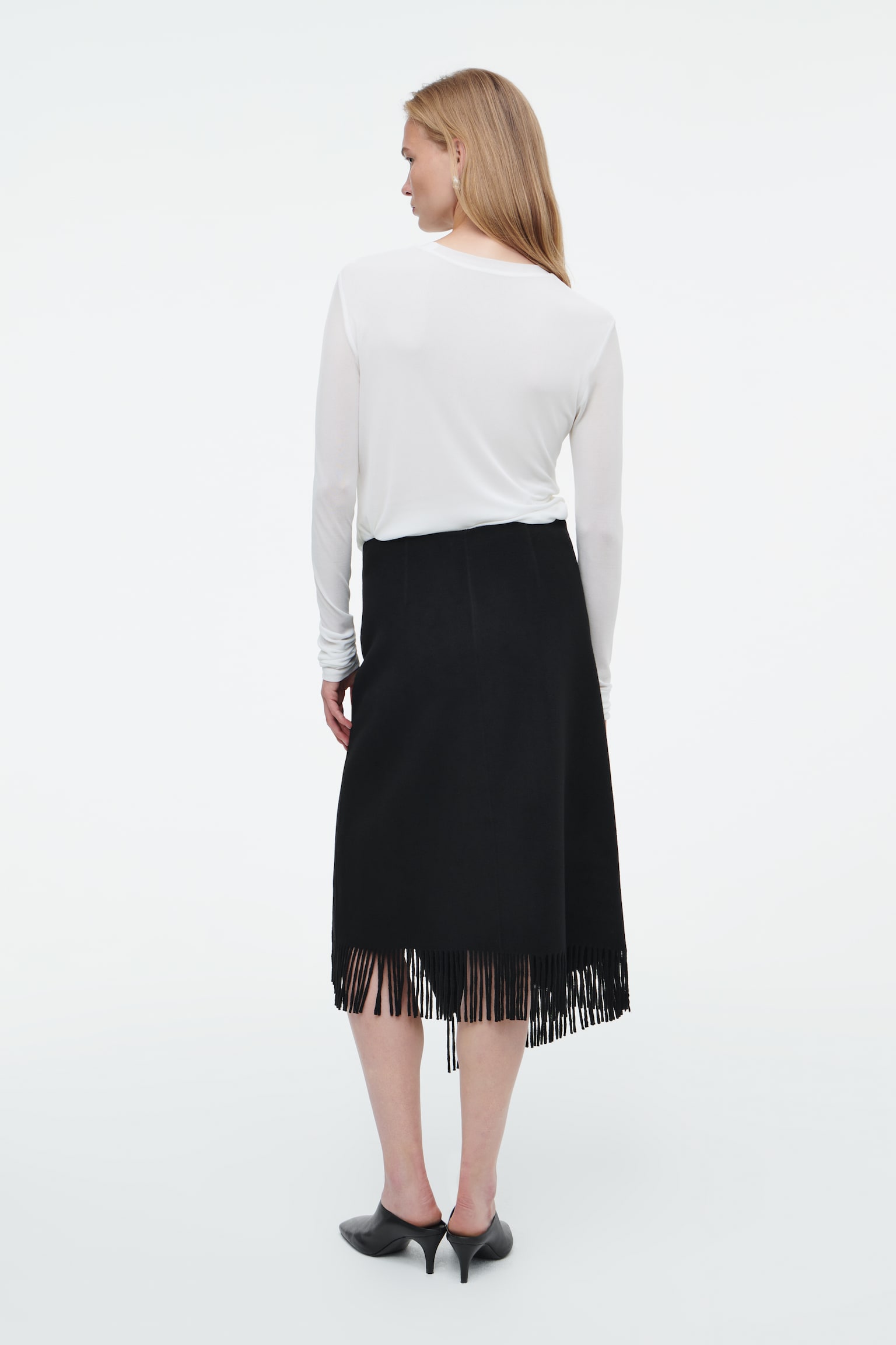 FRINGED WOOL MIDI WRAP SKIRT - BLACK/WHITE/DARK NAVY - 7