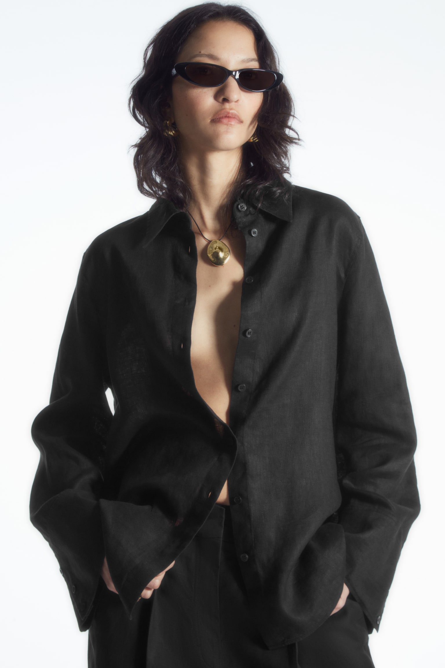 WIDE-SLEEVED LINEN SHIRT - BLACK/BROWN - 1