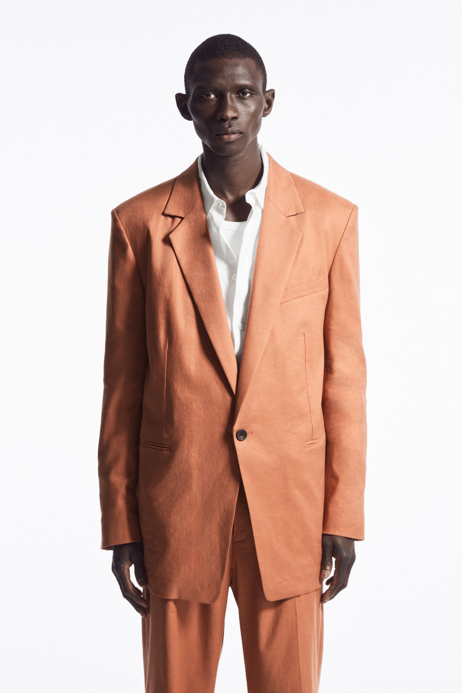 RELAXED LONGLINE SINGLE-BREASTED BLAZER - TERRACOTTA/BLACK - 1