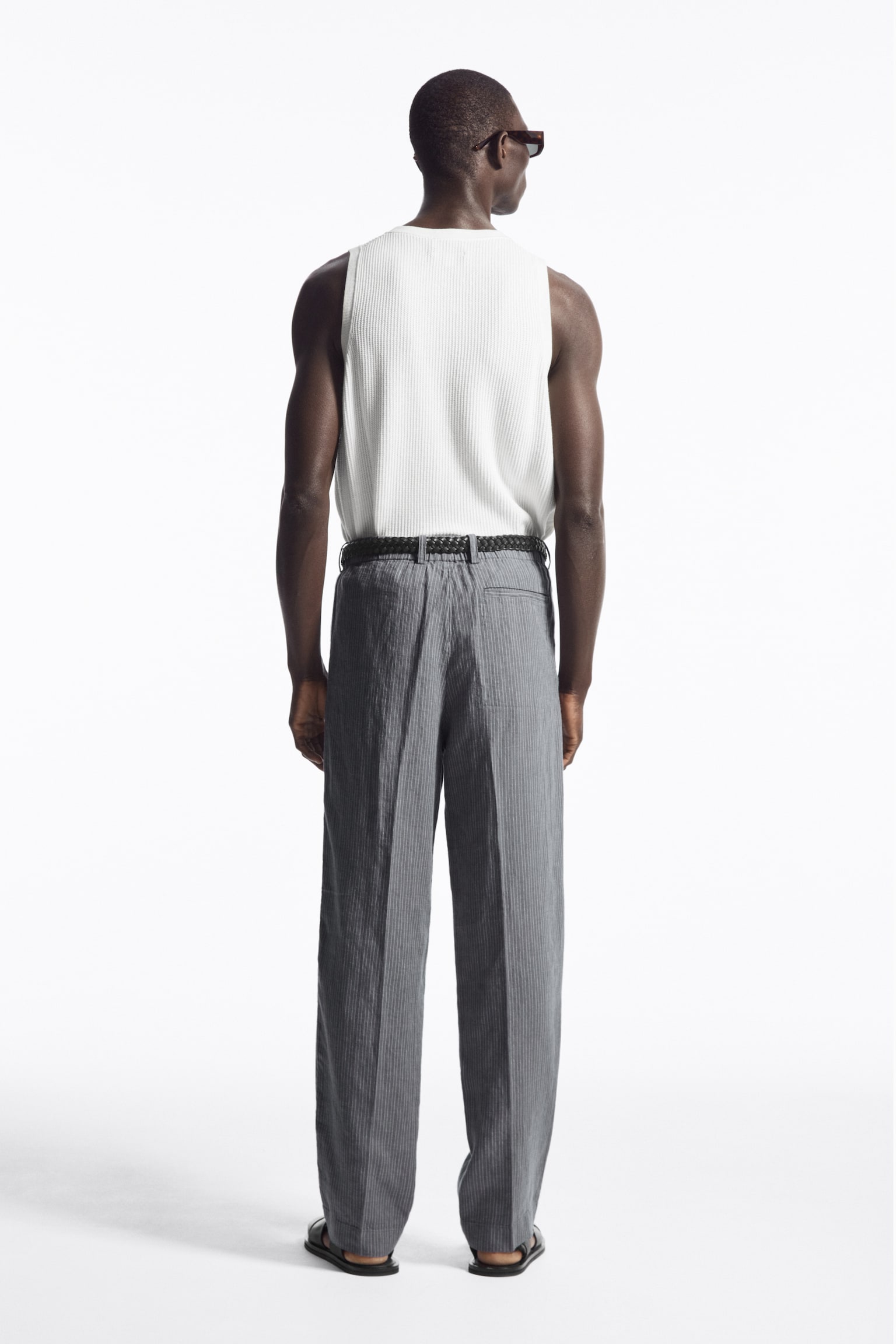 RELAXED ELASTICATED LINEN STRAIGHT-LEG TROUSERS - GREY / PINSTRIPE/DARK NAVY/STONE - 3