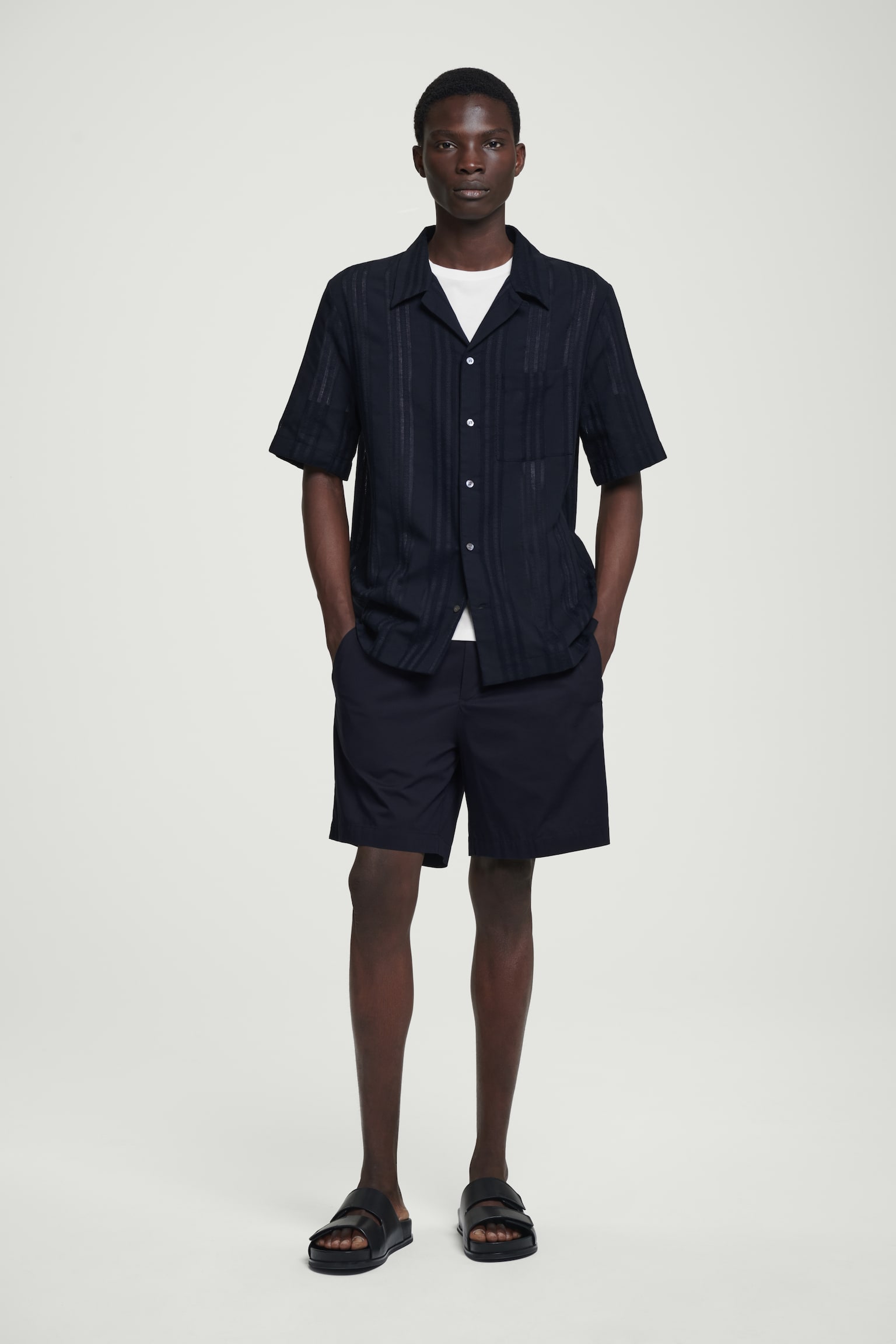 ELASTICATED COTTON-BLEND SHORTS - NAVY/SKY BLUE - 1