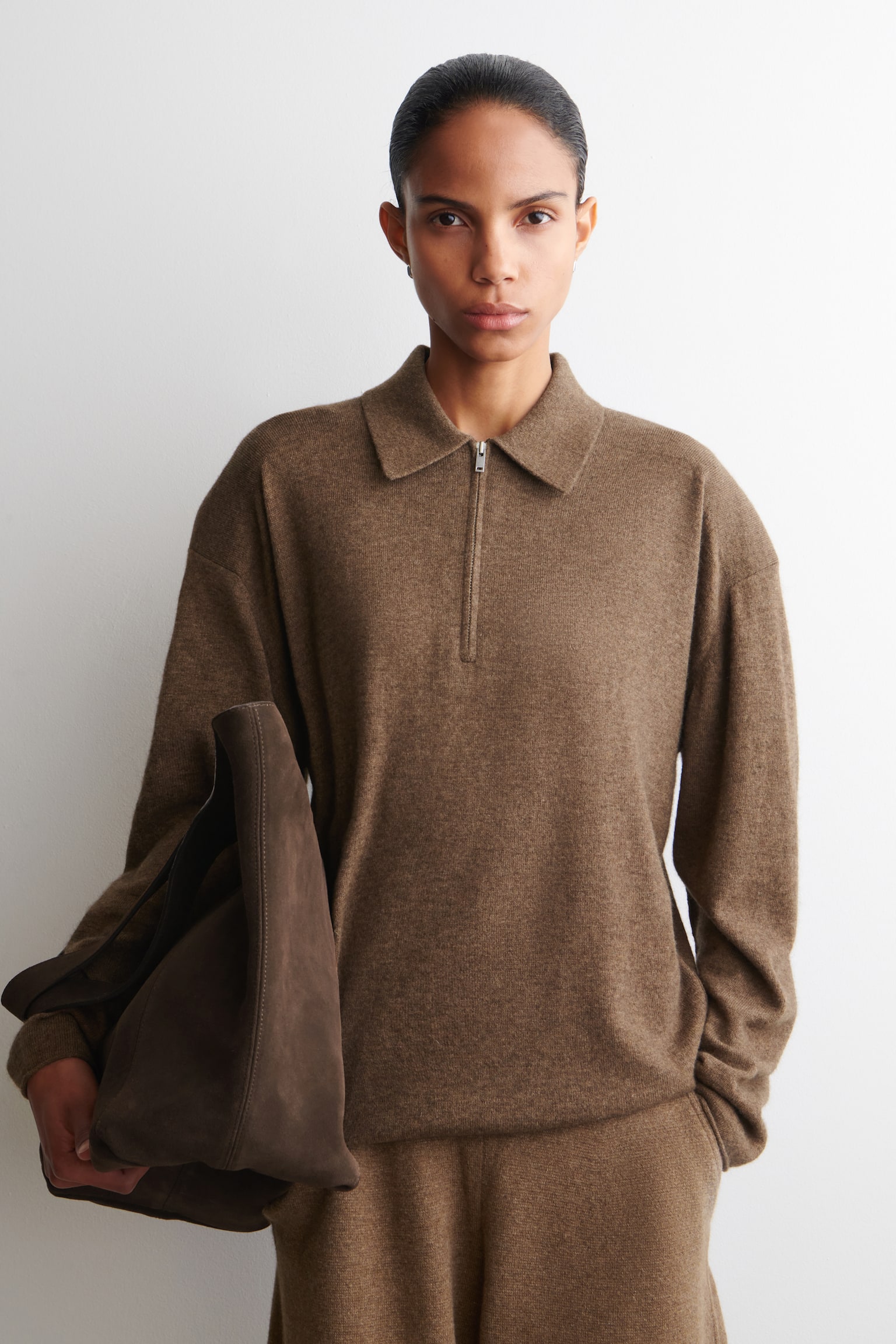 Merino uld-yak zip-up poloshirt - BRUNMELERET/HVID/VINRØD - 1