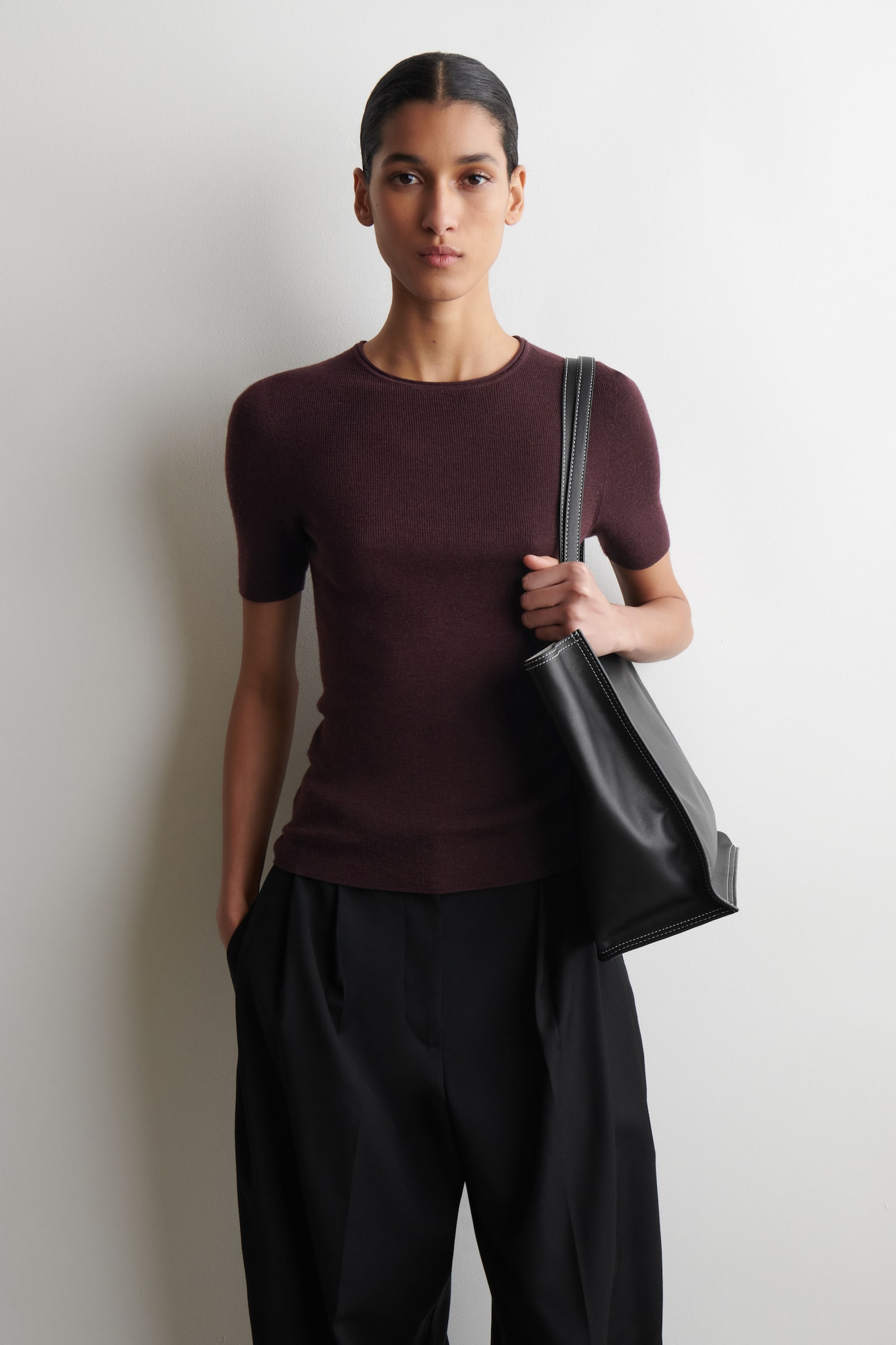 SEAMLESS MERINO WOOL T-SHIRT - BURGUNDY MÉLANGE/BEIGE MÉLANGE/CHARCOAL MÉLANGE - 1