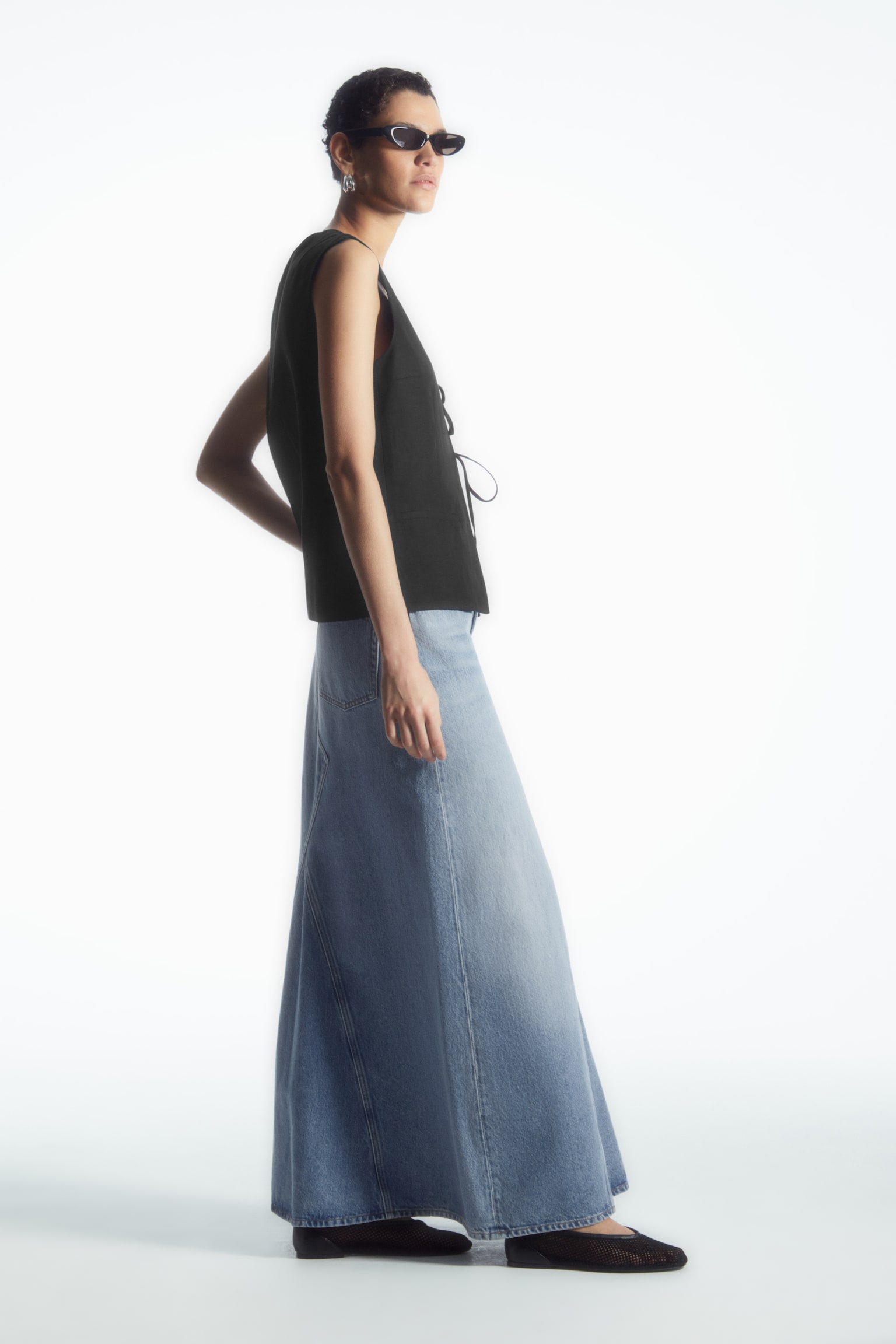 PANELLED DENIM MAXI SKIRT - BLUE/OFF-WHITE - 6