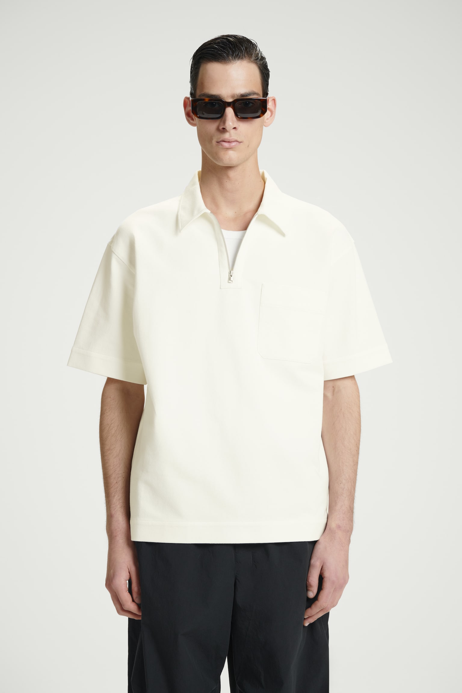 COTTON-TWILL HALF-ZIP POLO SHIRT - OFF-WHITE/NAVY - 1