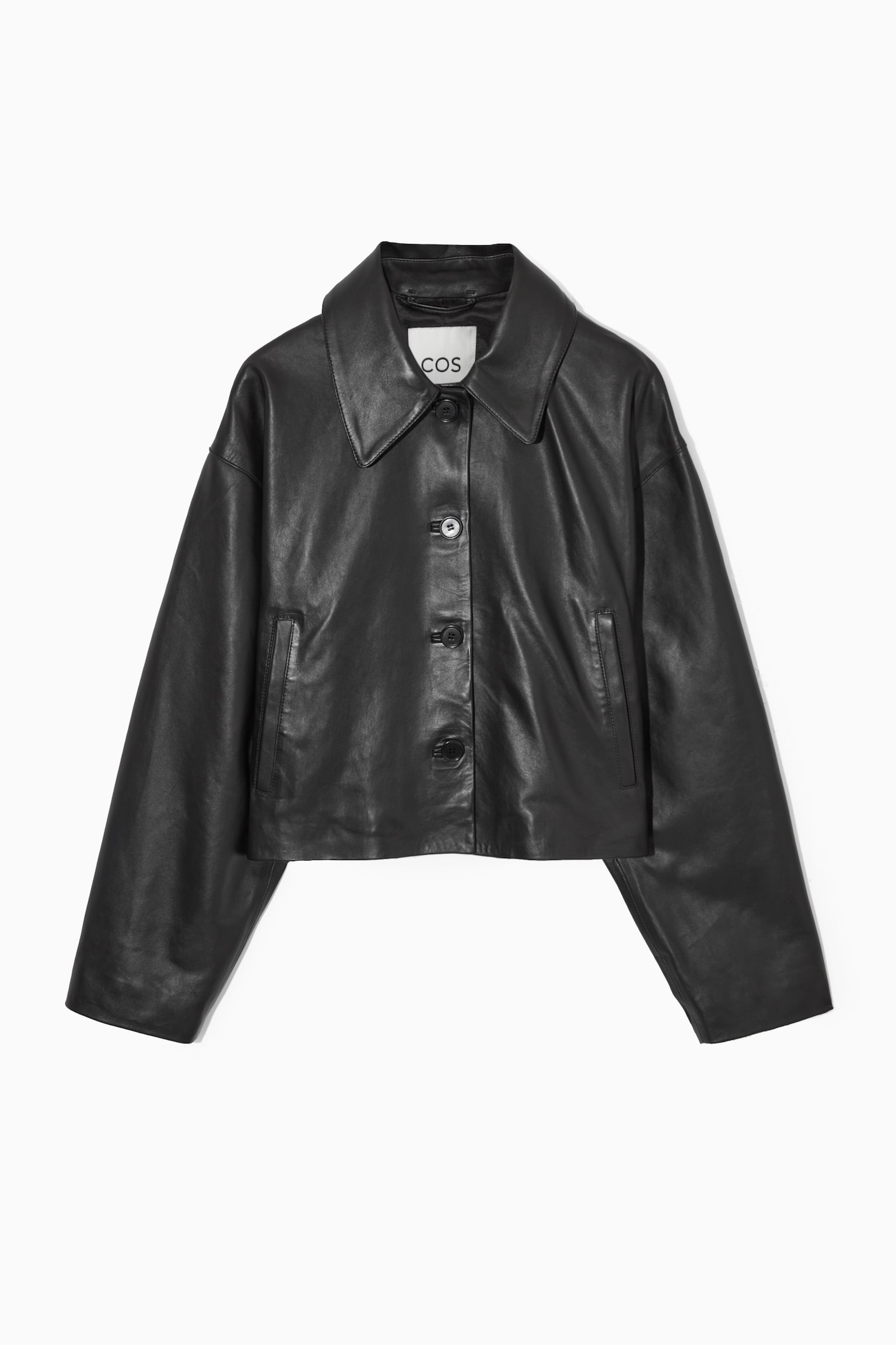 OVERSIZED CROPPED LEATHER BLOUSON JACKET - BLACK - 1