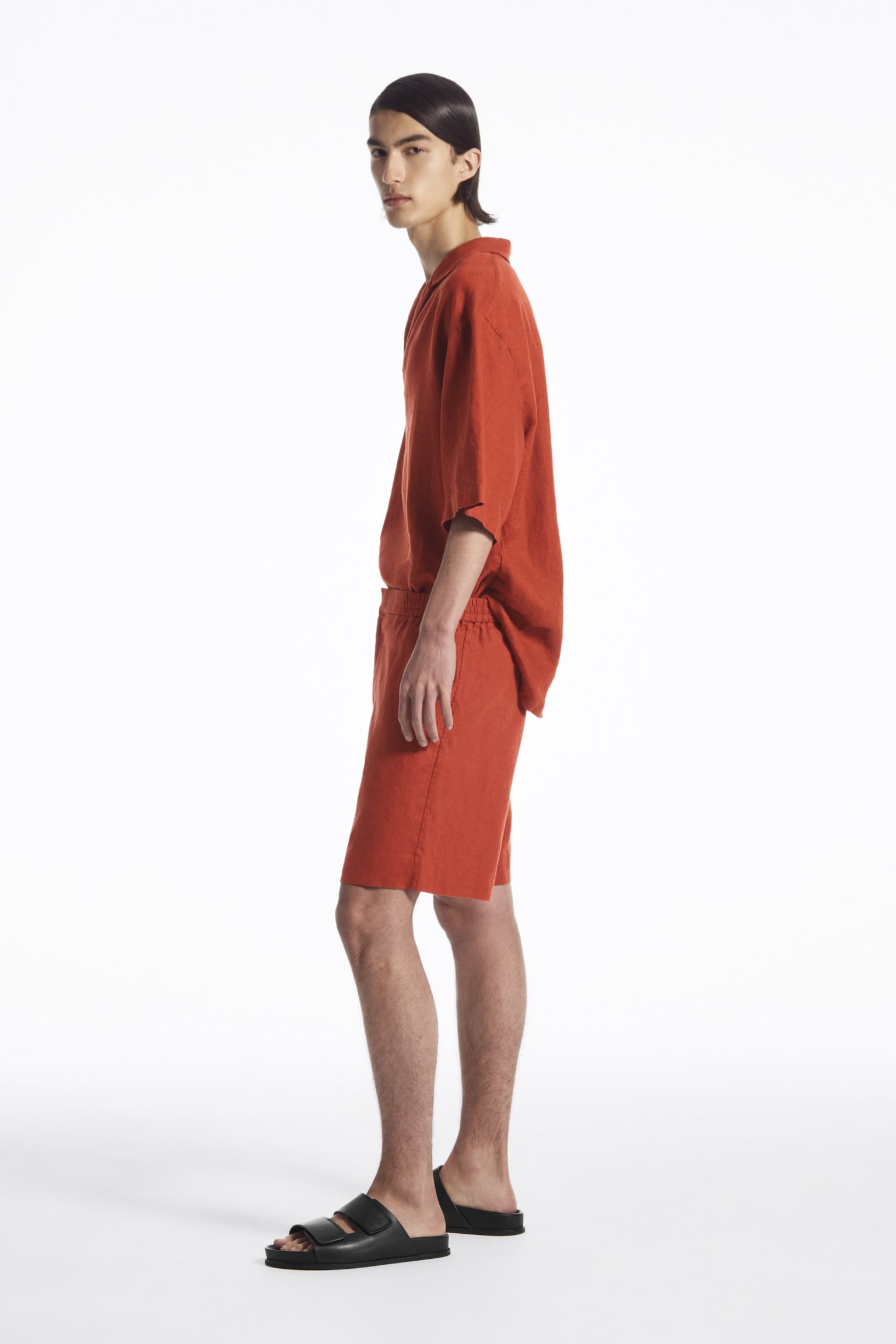 ELASTICATED LINEN SHORTS - RUST RED/BLACK - 5