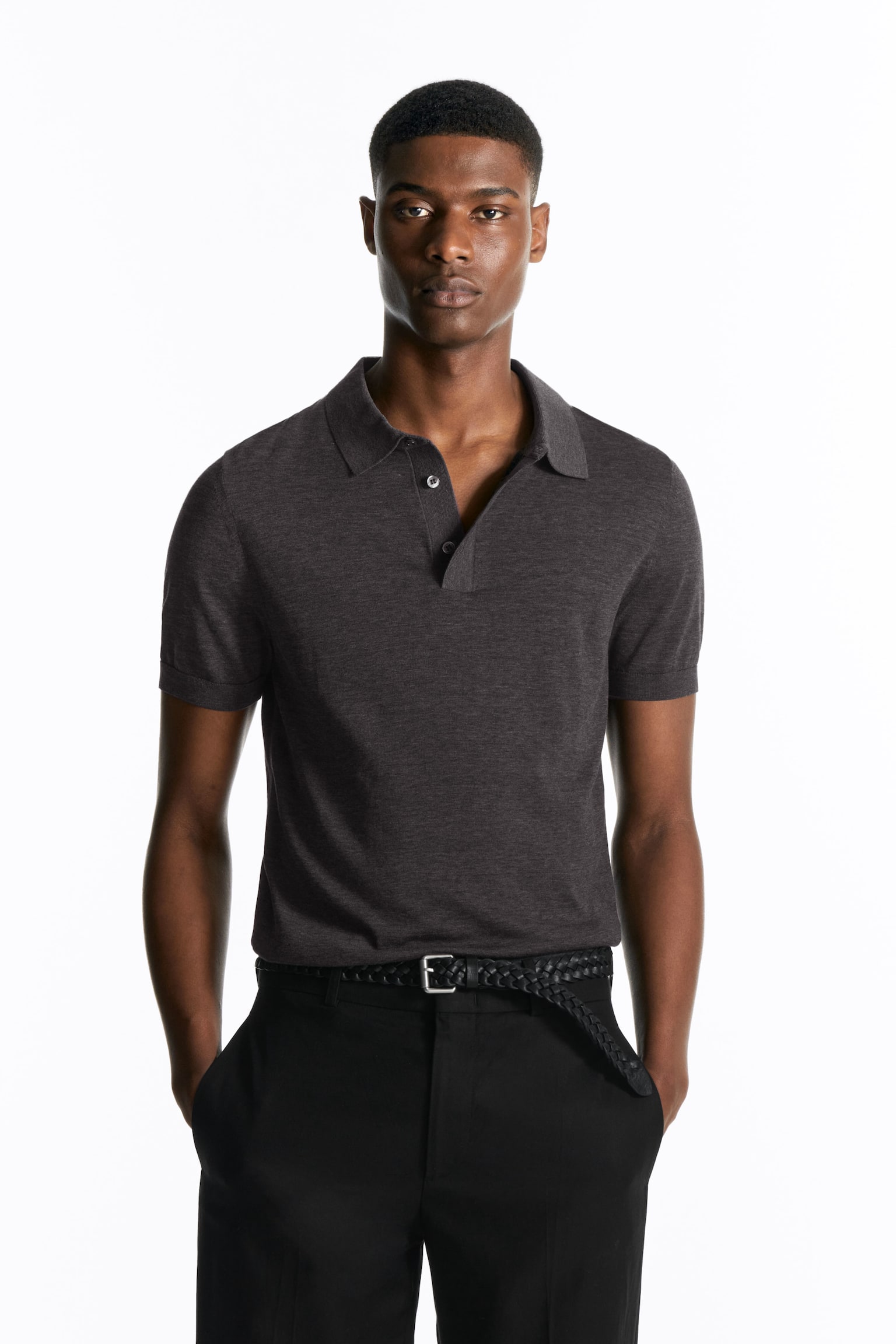 SLIM KNITTED SILK POLO SHIRT - DARK-GREY MÉLANGE/DARK GREEN/MINT GREEN/NAVY/DUSTY BLUE/COBALT BLUE/RUST RED - 1